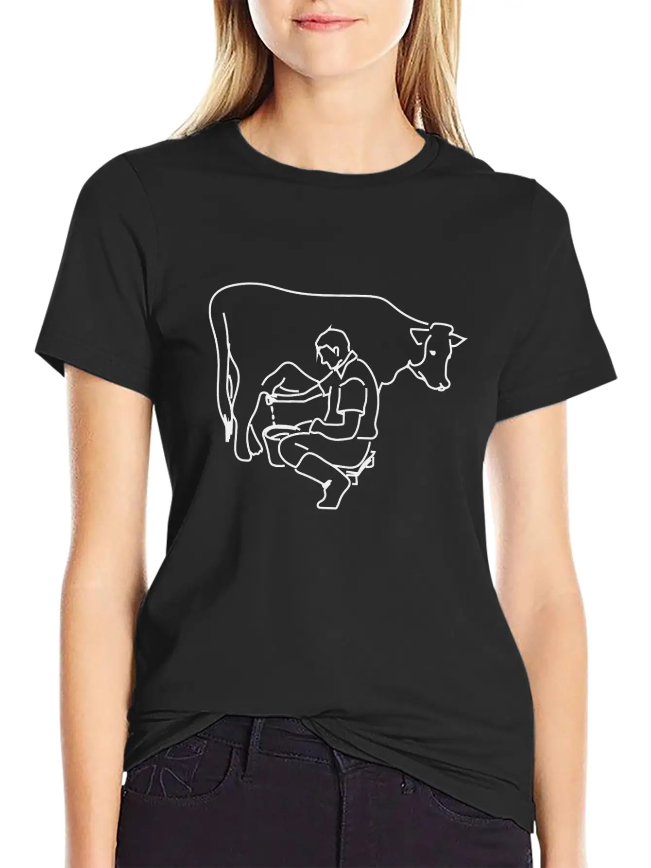 Person Milking A Cow Line Art Essential Cotton Tee For Daily Outfits – Unisex Style