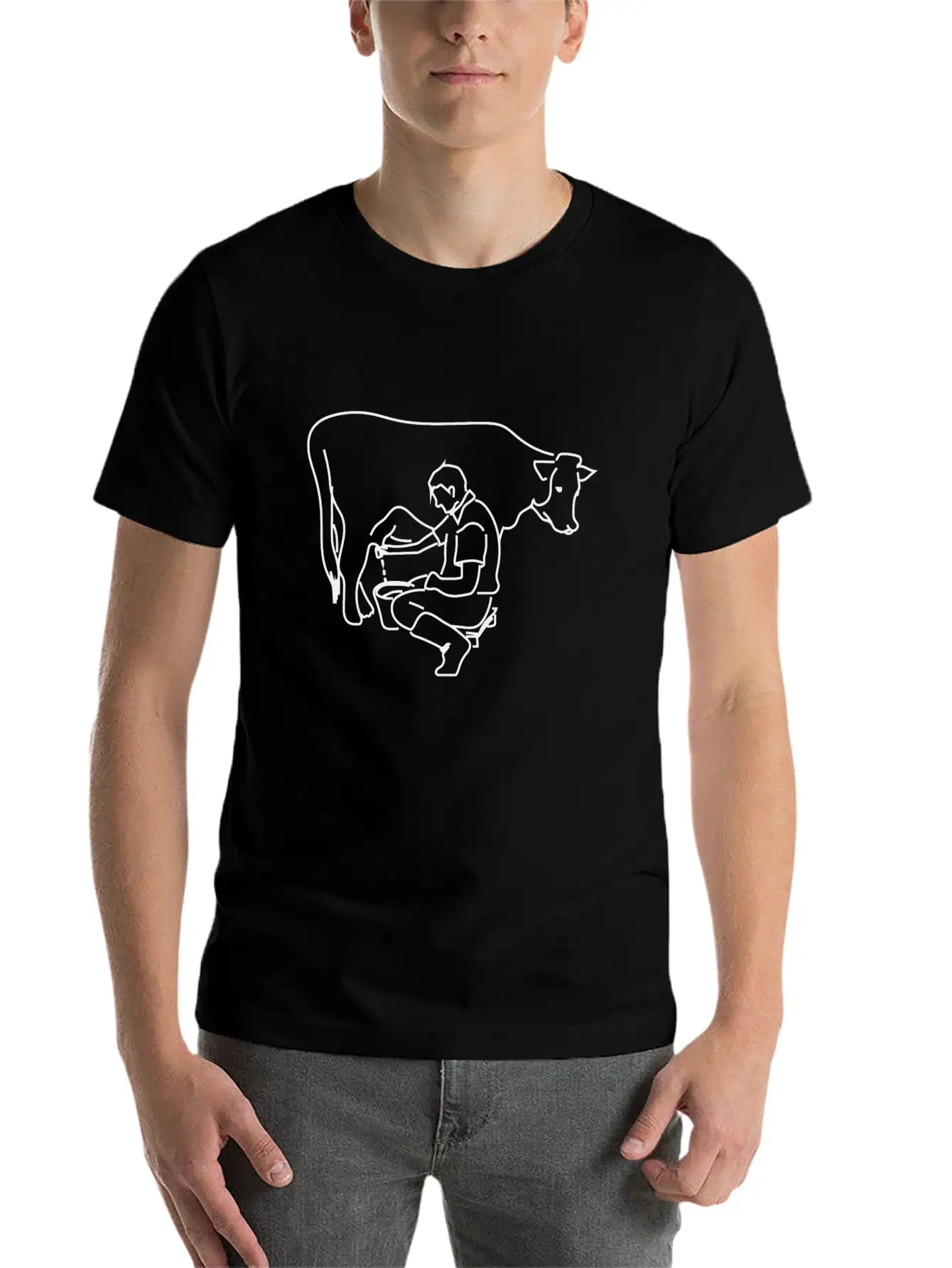 Person Milking A Cow Line Art Essential Cotton Tee For Daily Outfits – Unisex Style