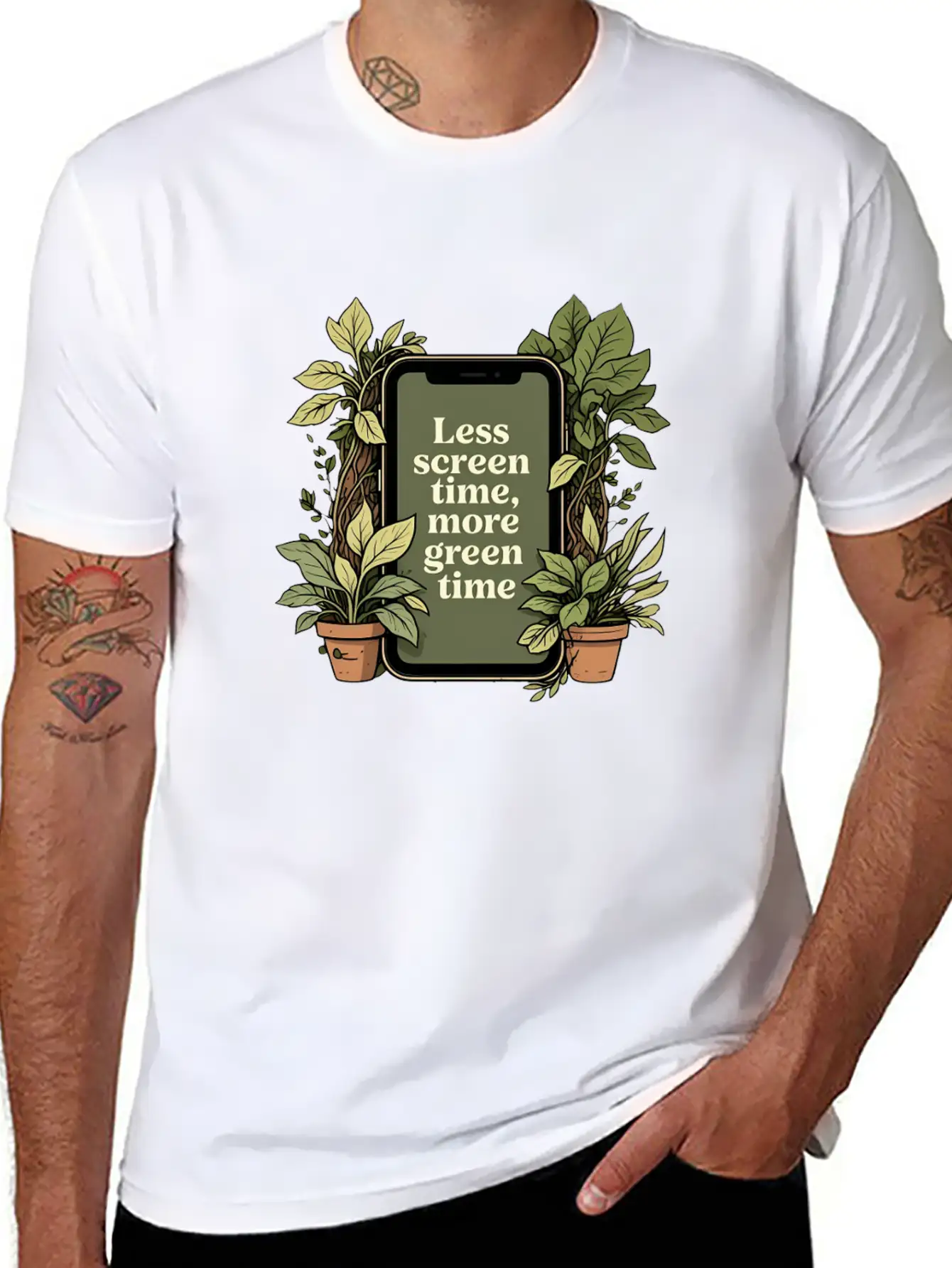 Phone With Plants, Less Screen Time, More Green Essential Cotton Tee For Daily Outfits – Unisex Style