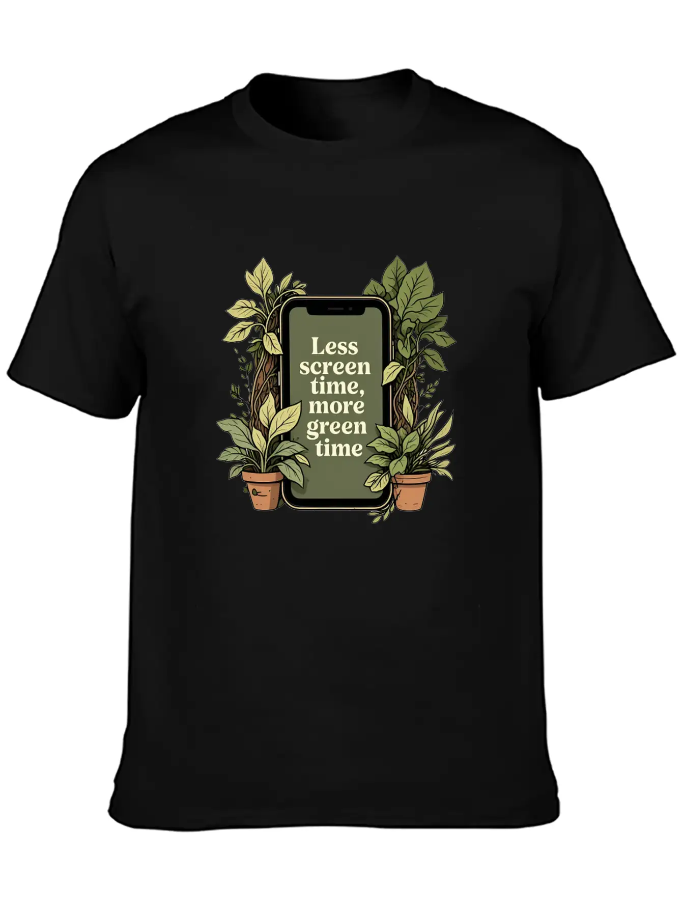 Phone With Plants, Less Screen Time, More Green Essential Cotton Tee For Daily Outfits – Unisex Style