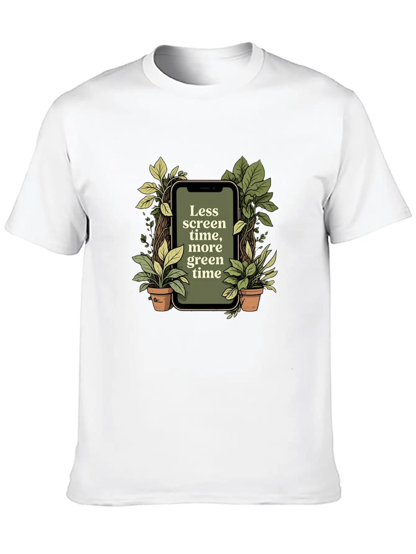 Phone With Plants, Less Screen Time, More Green Essential Cotton Tee For Daily Outfits – Unisex Style