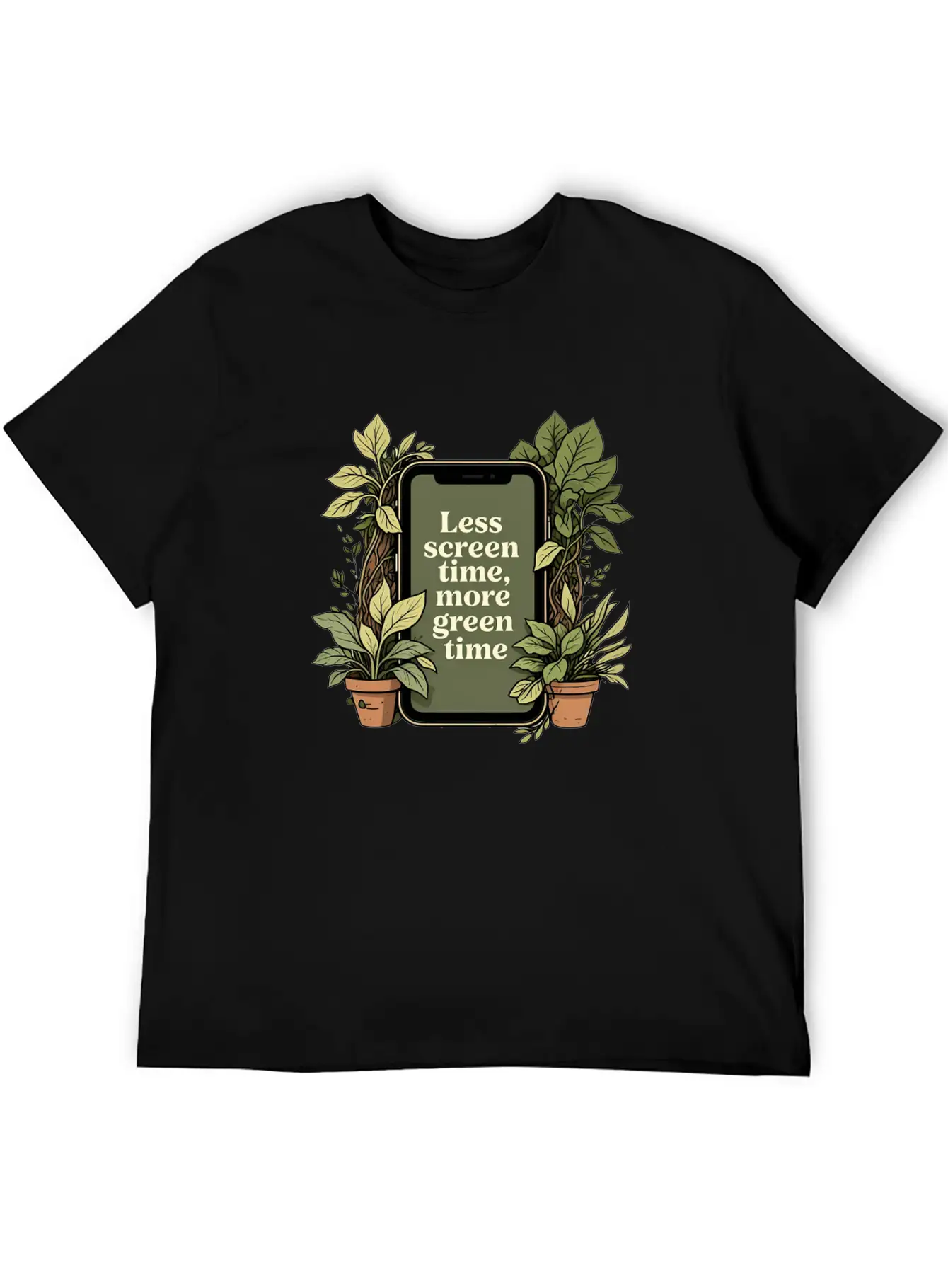 Phone With Plants, Less Screen Time, More Green Essential Cotton Tee For Daily Outfits – Unisex Style
