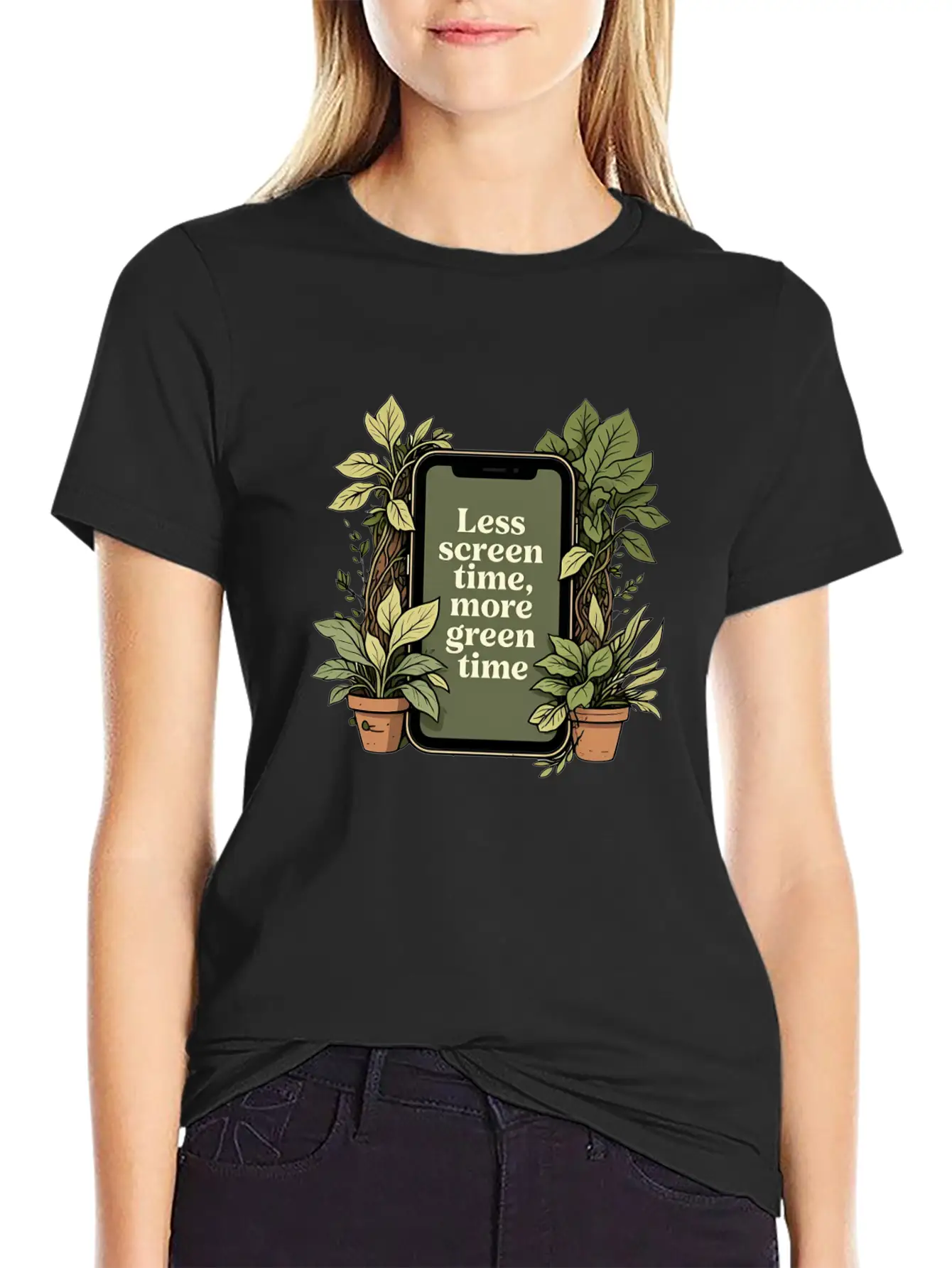 Phone With Plants, Less Screen Time, More Green Essential Cotton Tee For Daily Outfits – Unisex Style