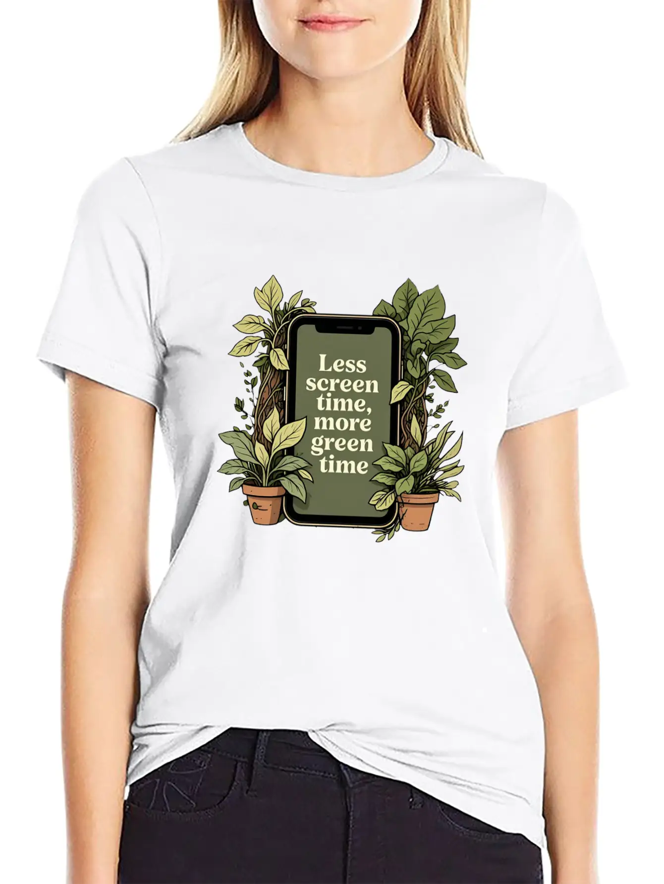 Phone With Plants, Less Screen Time, More Green Essential Cotton Tee For Daily Outfits – Unisex Style