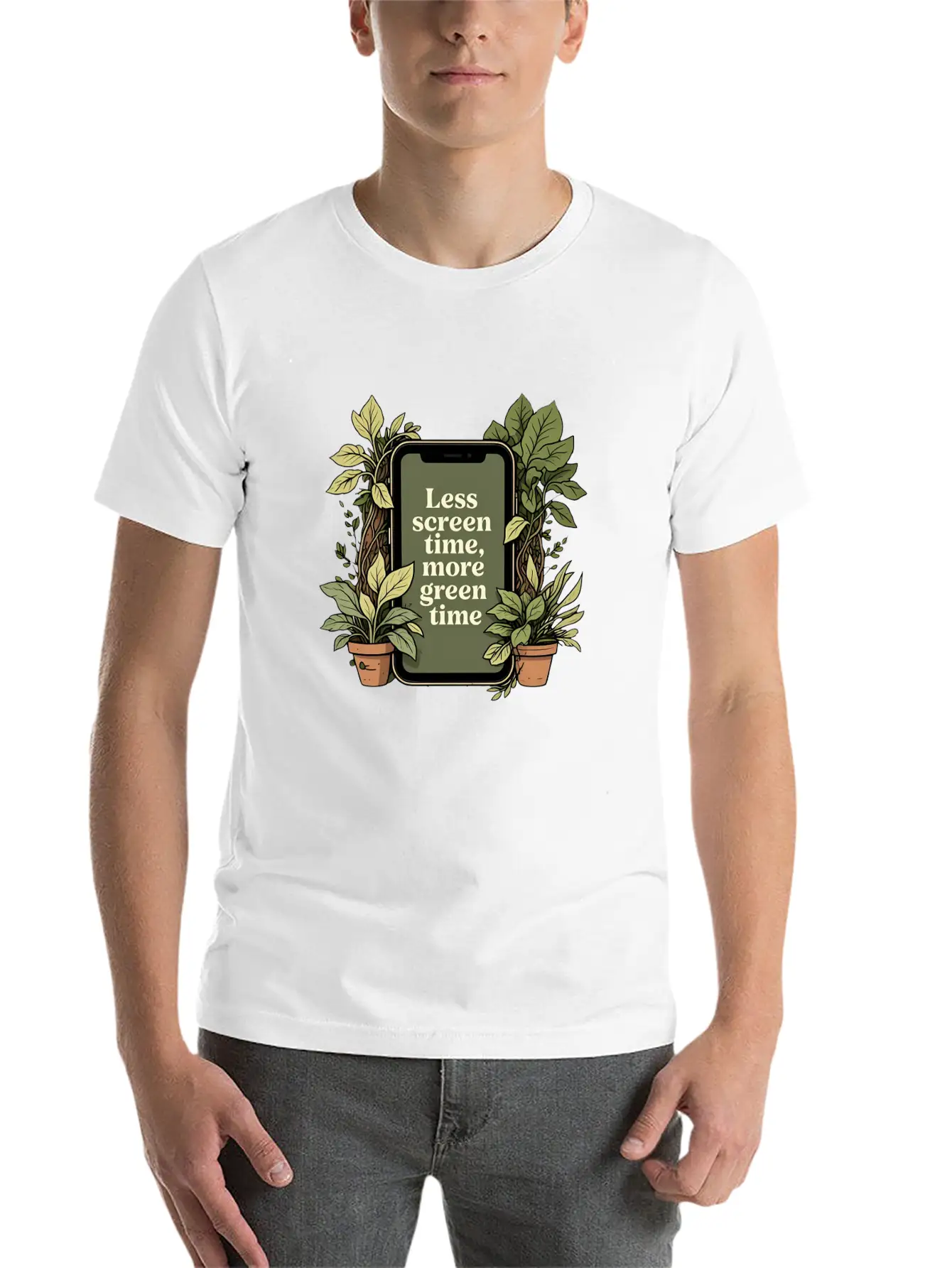 Phone With Plants, Less Screen Time, More Green Essential Cotton Tee For Daily Outfits – Unisex Style