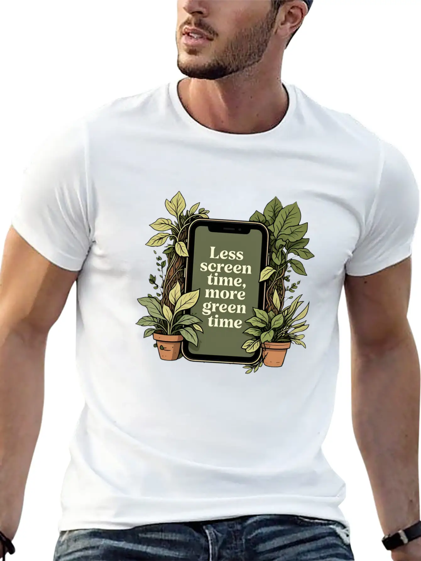 Phone With Plants, Less Screen Time, More Green Essential Cotton Tee For Daily Outfits – Unisex Style