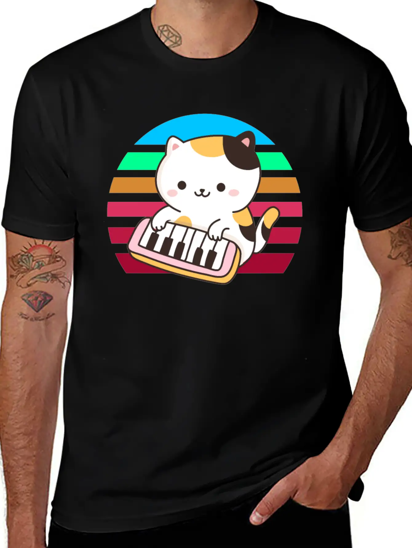 Piano Keyboard Cat Sunset Basic Graphic T-Shirt – Daily Comfort In Soft Cotton