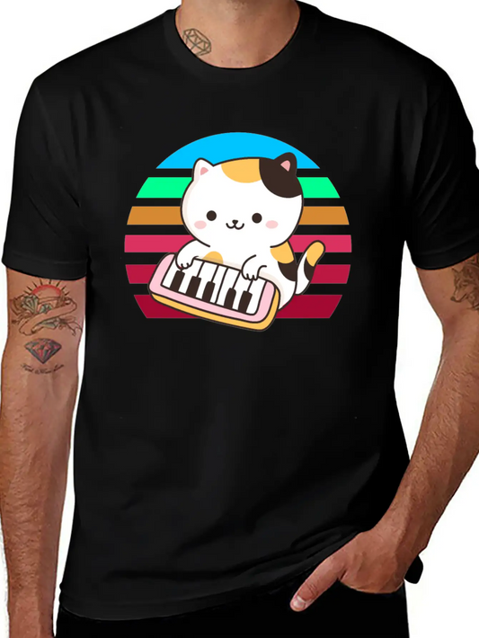 Piano Keyboard Cat Sunset Basic Graphic T-Shirt – Daily Comfort In Soft Cotton