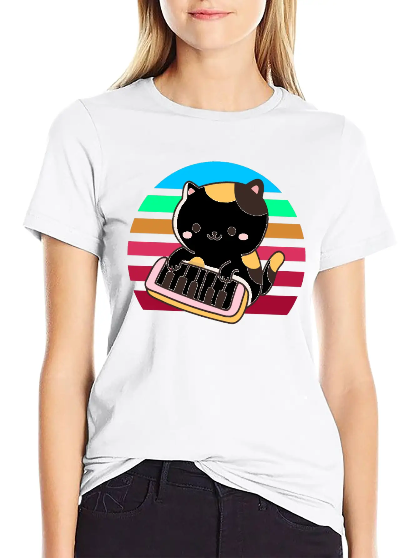 Piano Keyboard Cat Sunset Basic Graphic T-Shirt – Daily Comfort In Soft Cotton
