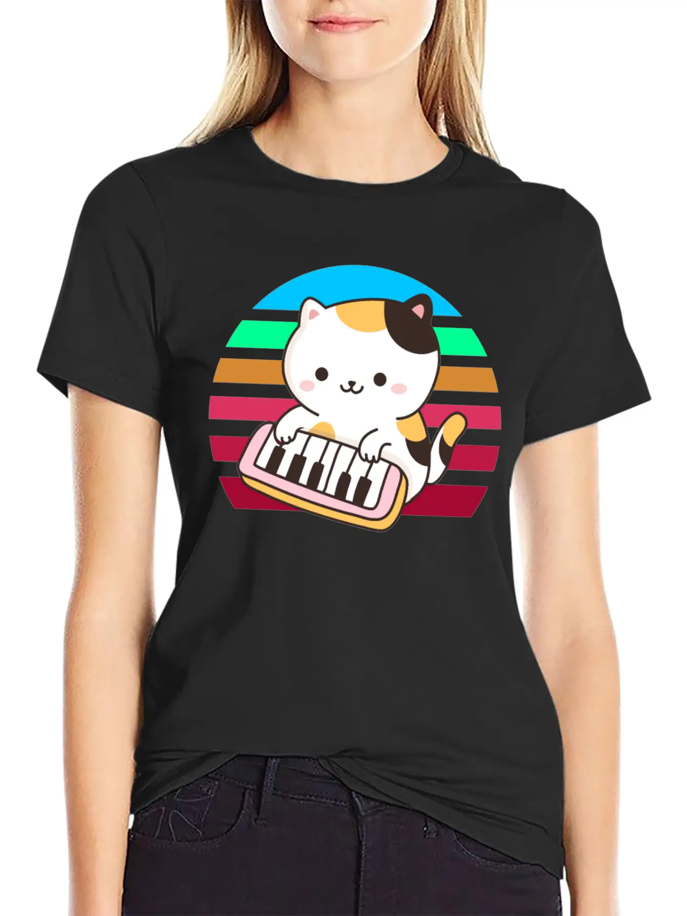 Piano Keyboard Cat Sunset Basic Graphic T-Shirt – Daily Comfort In Soft Cotton