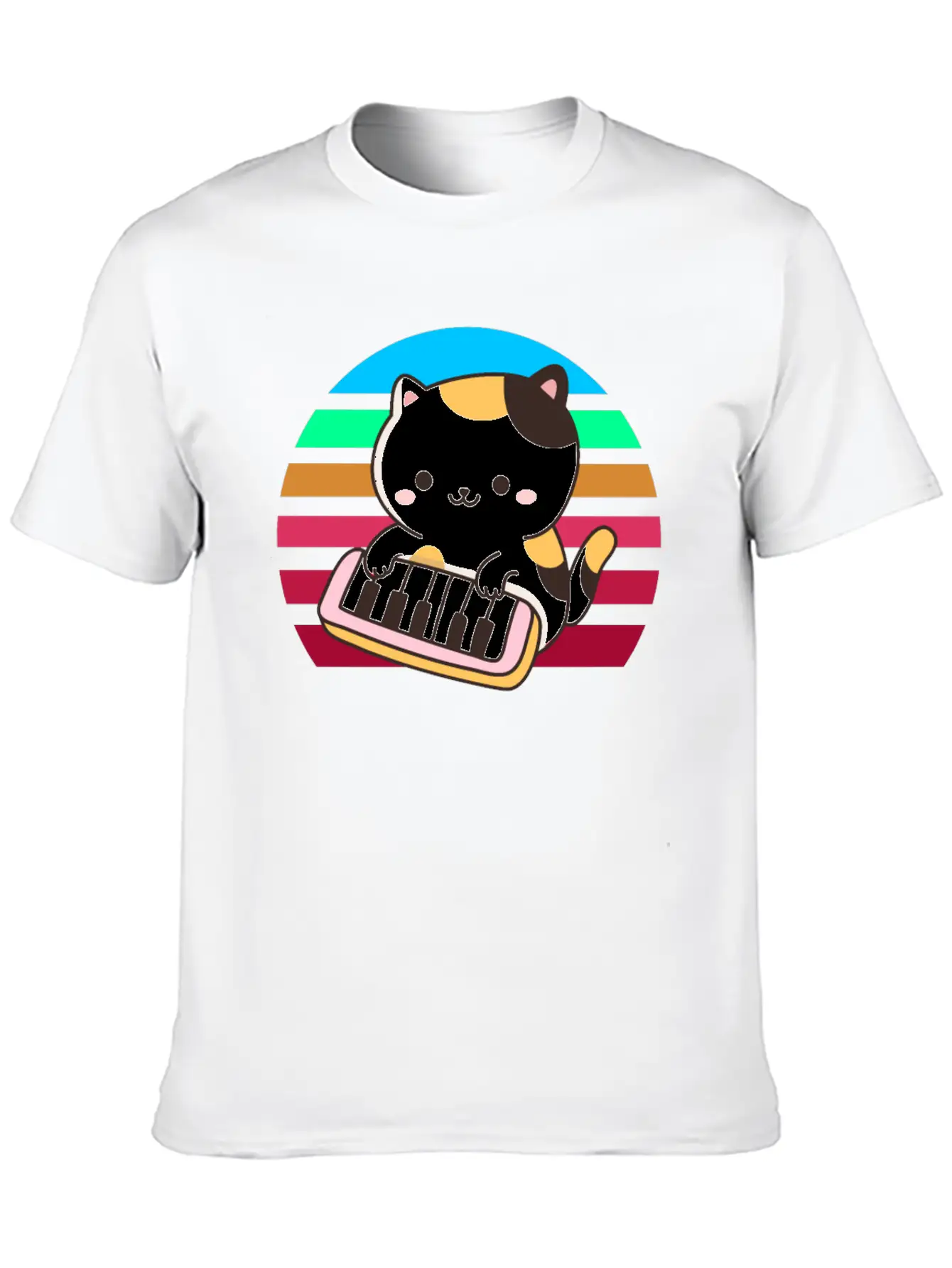 Piano Keyboard Cat Sunset Stylish Everyday T-Shirt – Unisex Basic Cotton Tee