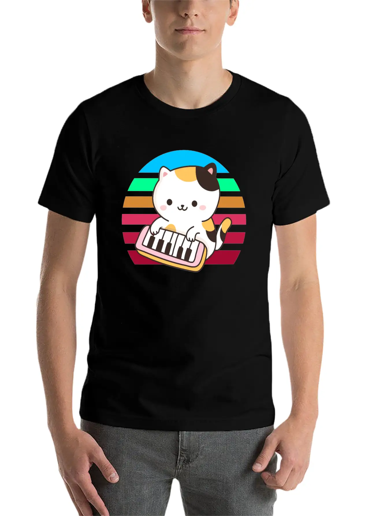 Piano Keyboard Cat Sunset Stylish Everyday T-Shirt – Unisex Basic Cotton Tee