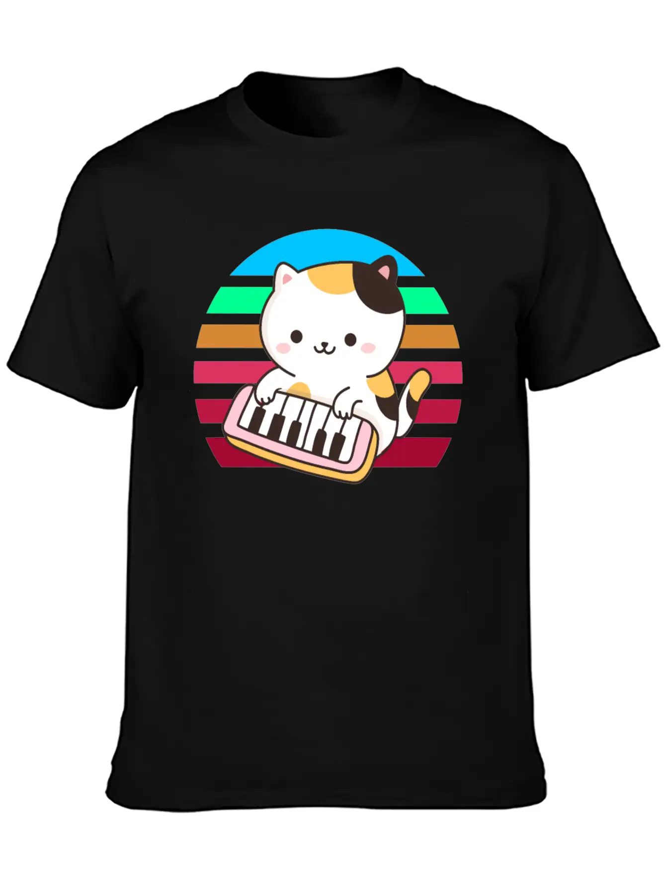 Piano Keyboard Cat Sunset Stylish Everyday T-Shirt – Unisex Basic Cotton Tee