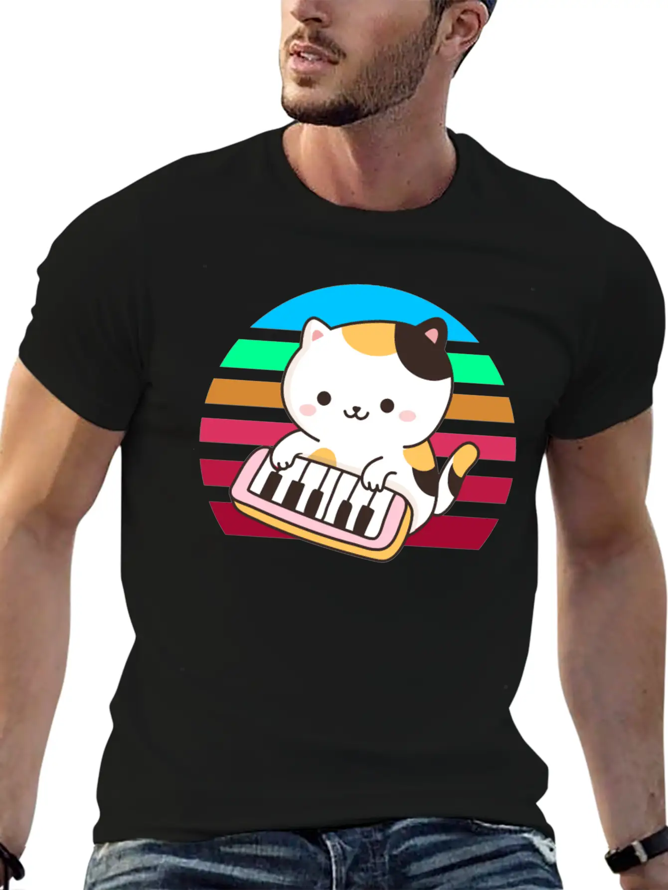 Piano Keyboard Cat Sunset Stylish Everyday T-Shirt – Unisex Basic Cotton Tee