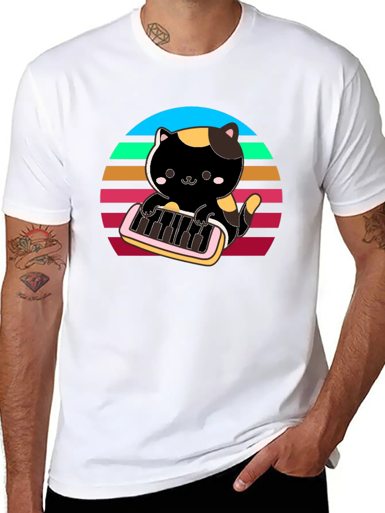 Piano Keyboard Cat Sunset Stylish Everyday T-Shirt – Unisex Basic Cotton Tee