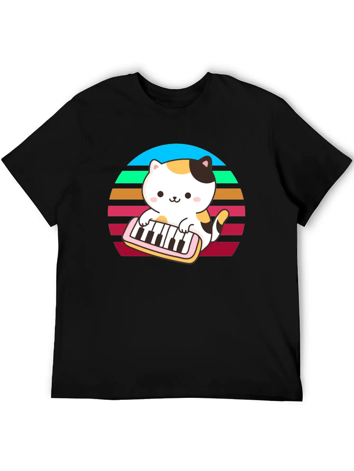 Piano Keyboard Cat Sunset Stylish Everyday T-Shirt – Unisex Basic Cotton Tee