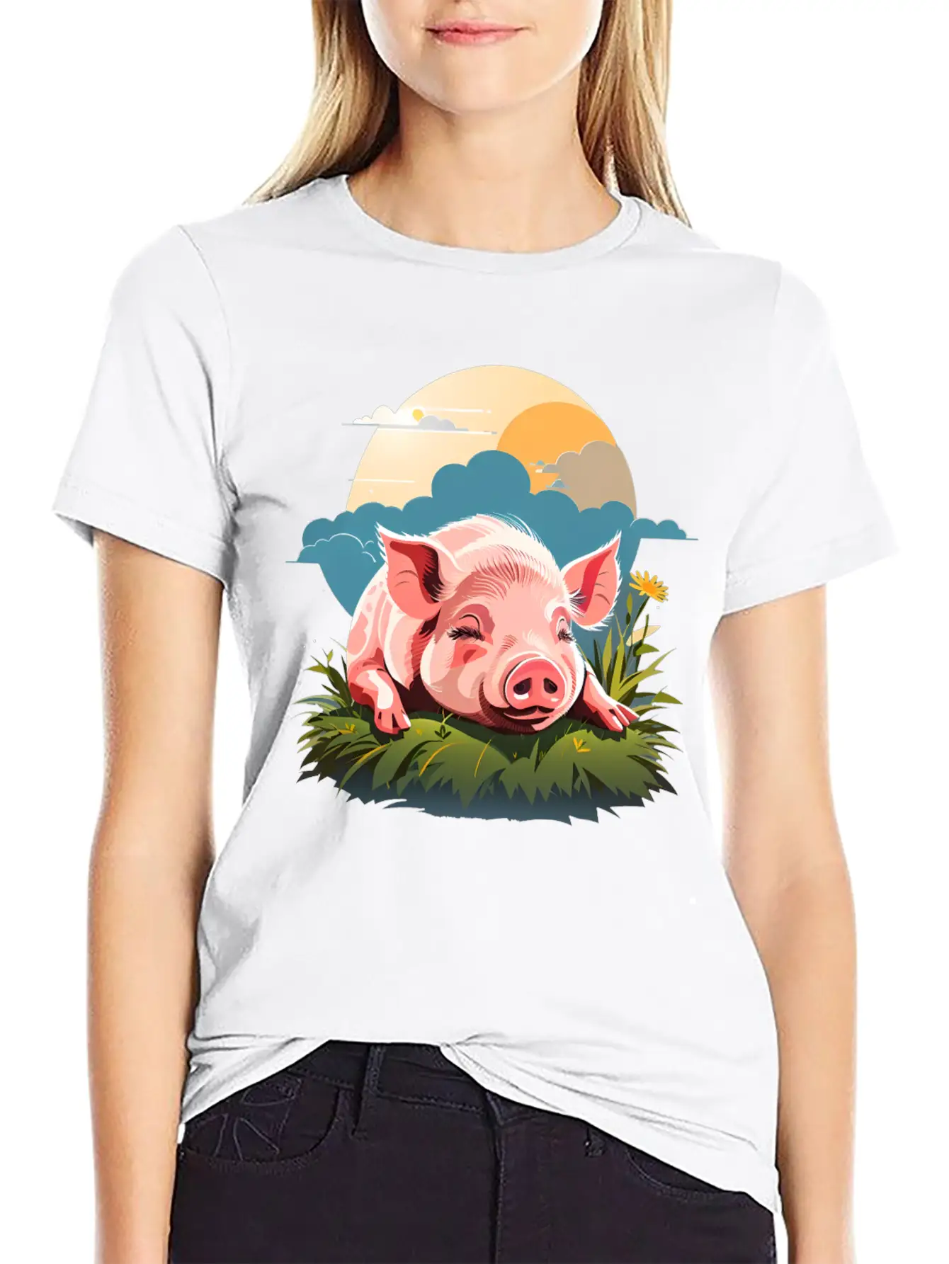 Pig Sleeping On Grass Unisex Casual T-Shirt – Clean Design For Daily Comfort