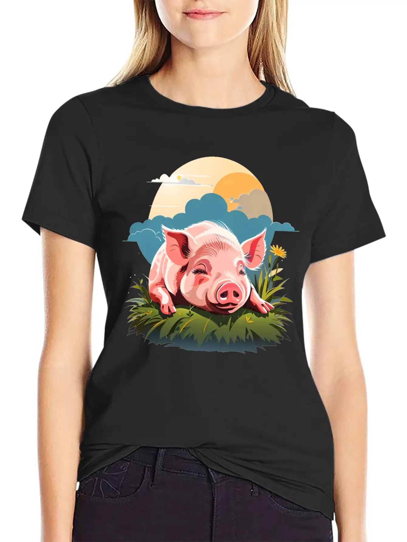 Pig Sleeping On Grass Unisex Casual T-Shirt – Clean Design For Daily Comfort