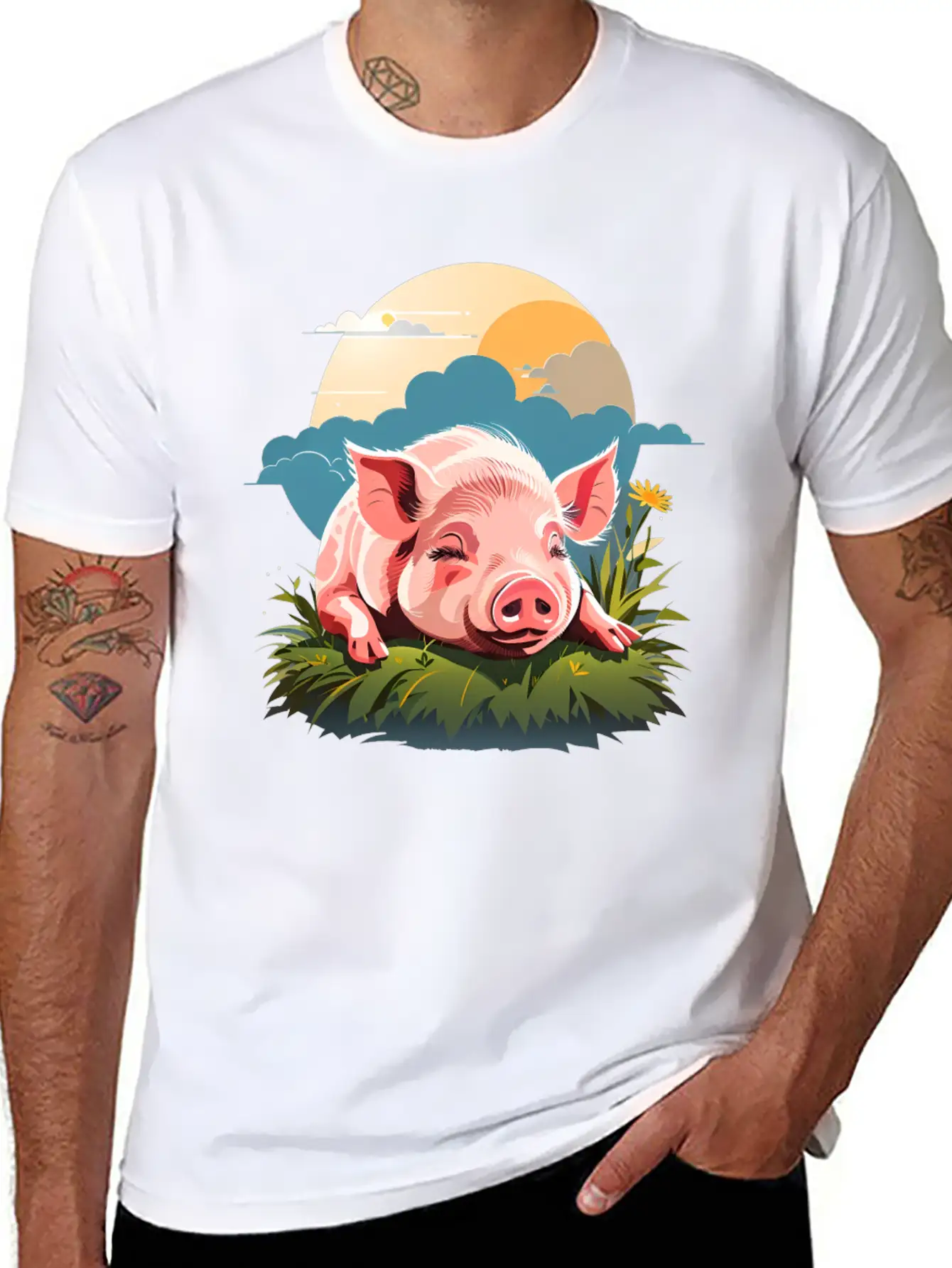 Pig Sleeping On Grass Unisex Casual T-Shirt – Clean Design For Daily Comfort