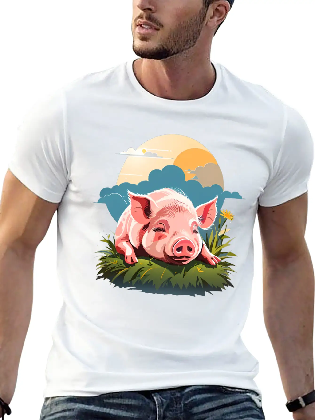 Pig Sleeping On Grass Unisex Casual T-Shirt – Clean Design For Daily Comfort