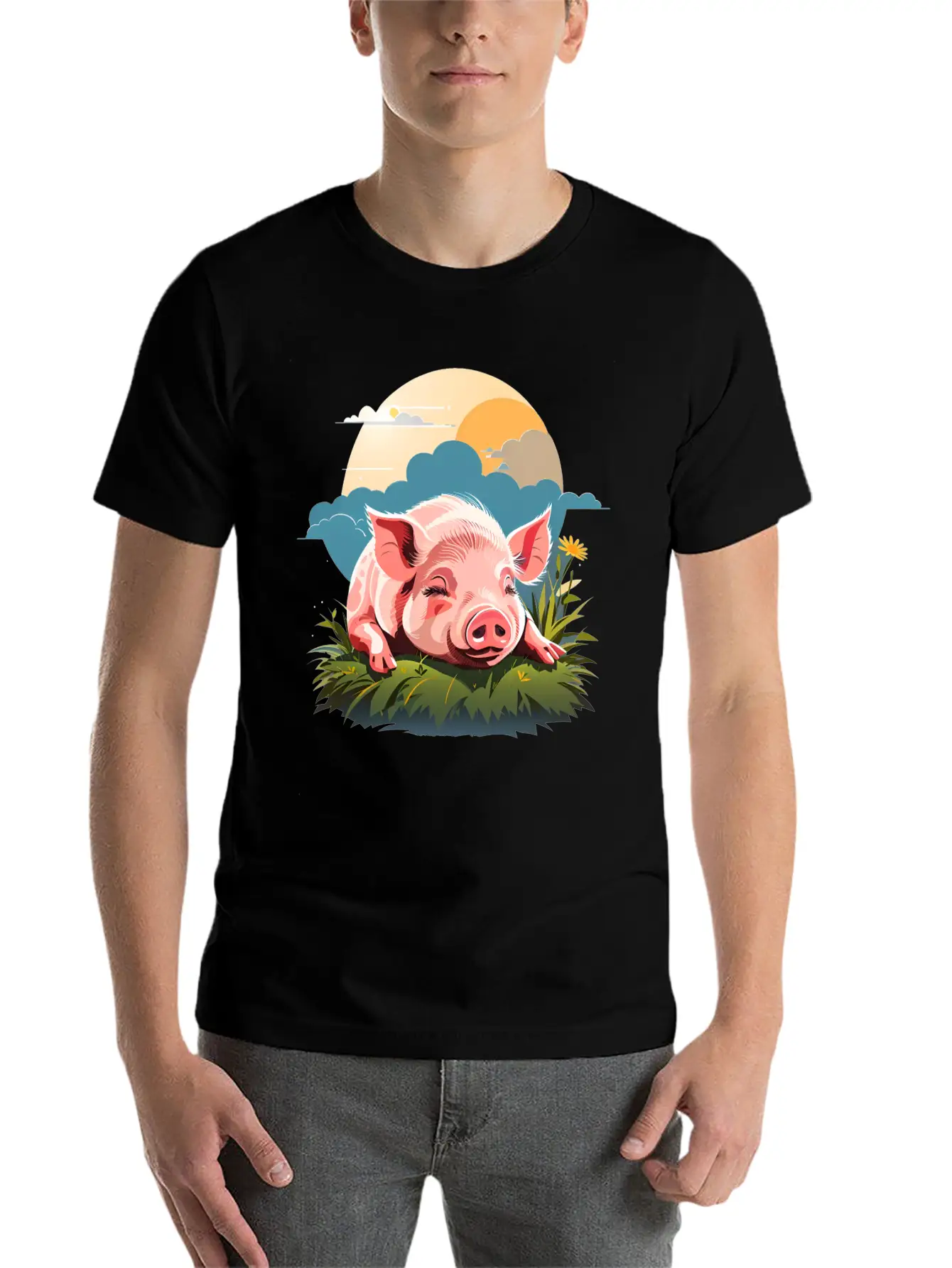 Pig Sleeping On Grass Unisex Casual T-Shirt – Clean Design For Daily Comfort