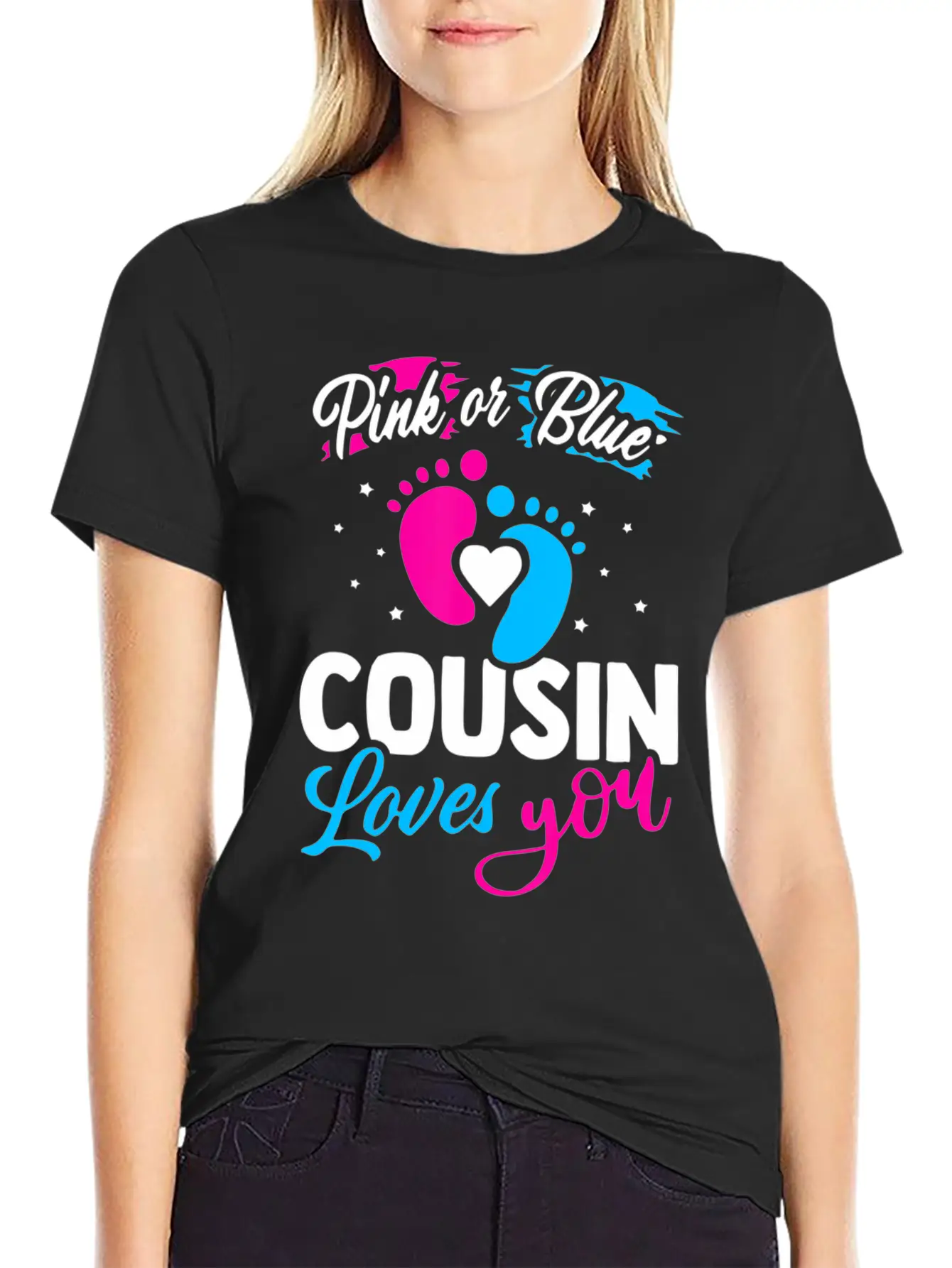 Pink Or Blue Cousin Loves You Baby Shower Gender R Lightweight Cotton T-Shirt – Daily Comfort Graphic Shirt