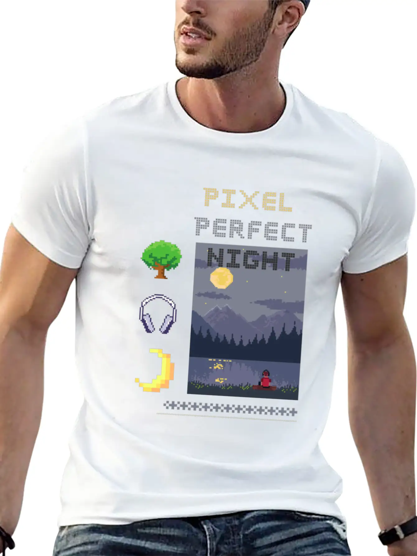 Pixel Perfect Night: Man In Headphones By Lake Wit Basic Graphic T-Shirt – Daily Comfort In Soft Cotton