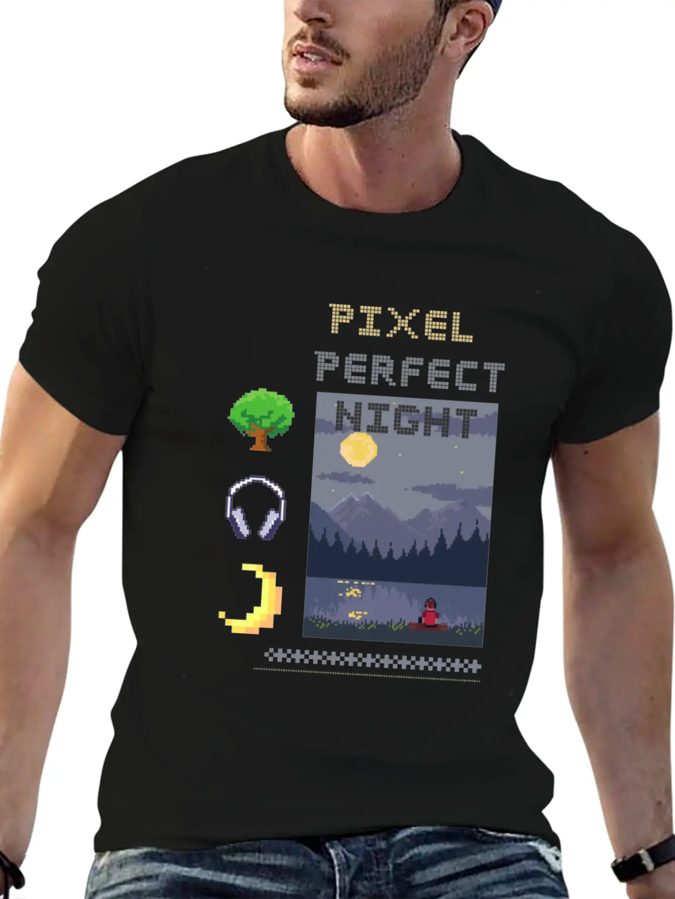 Pixel Perfect Night: Man In Headphones By Lake Wit Basic Graphic T-Shirt – Daily Comfort In Soft Cotton