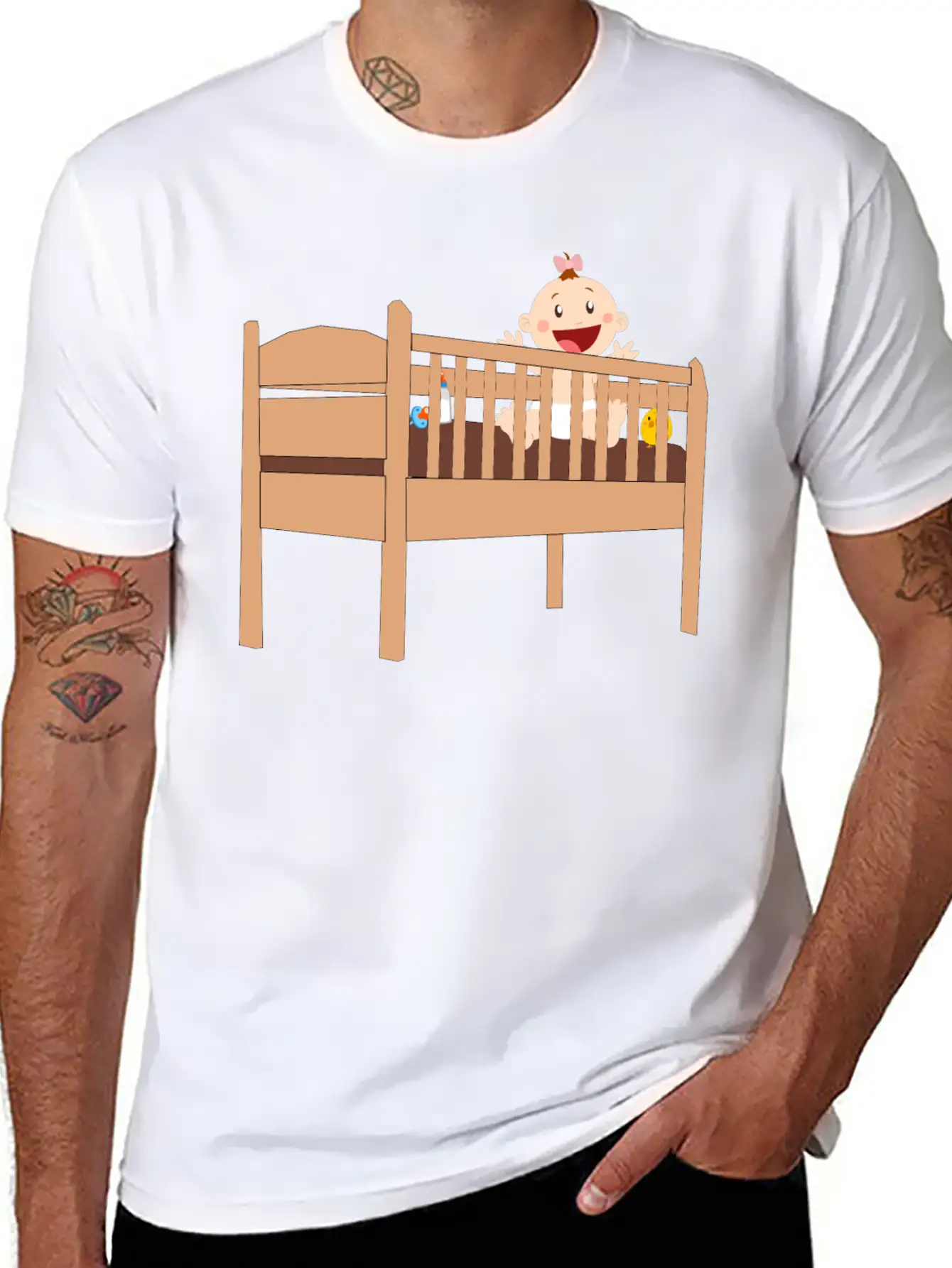 Plank Cot Bed With Baby And Accessories Unisex Casual T-Shirt – Clean Design For Daily Comfort