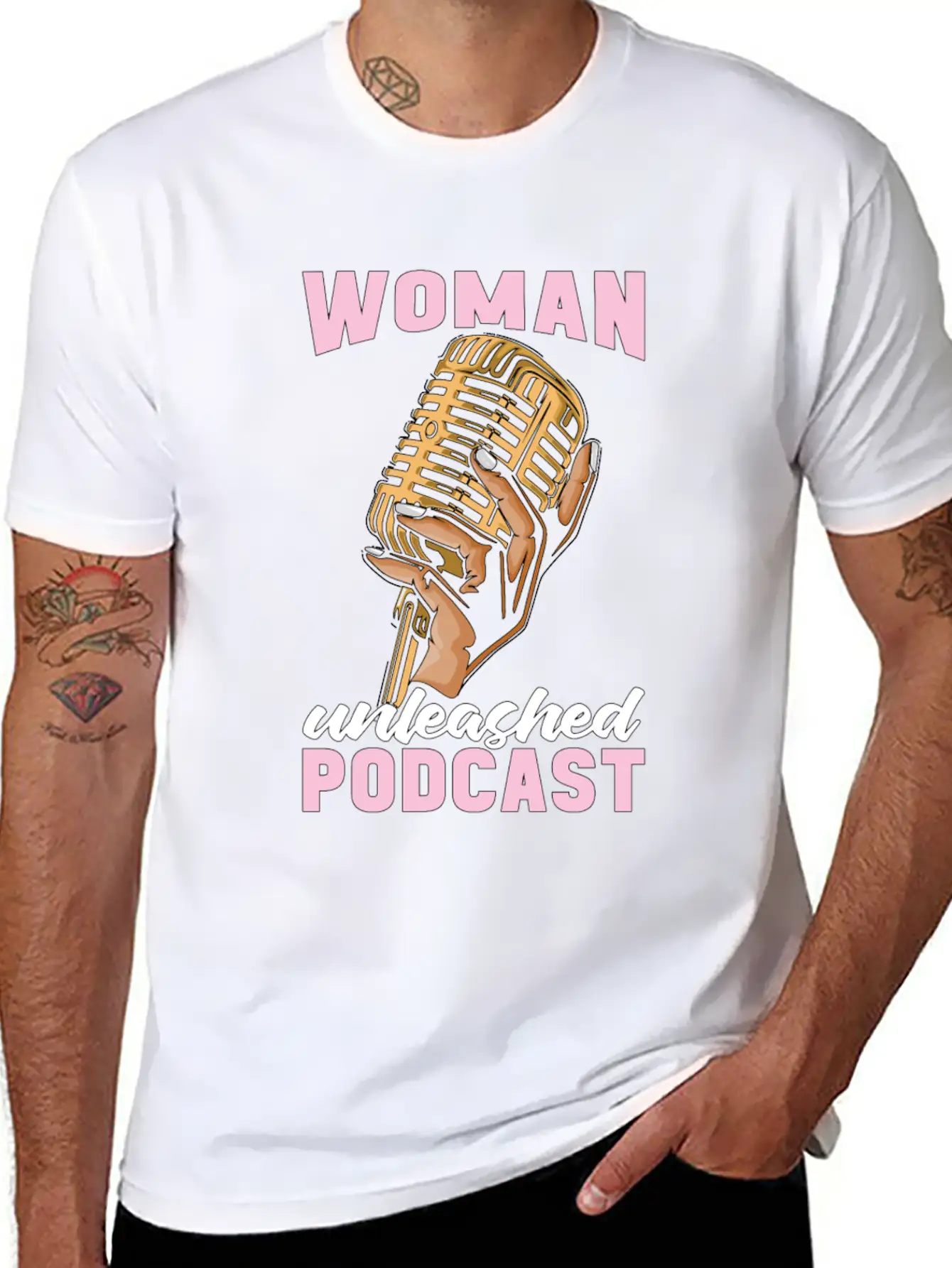 Podcasting Woman Unleashed Podcast Microphone Comfortable Minimalist Graphic Tee – Summer Style Essential