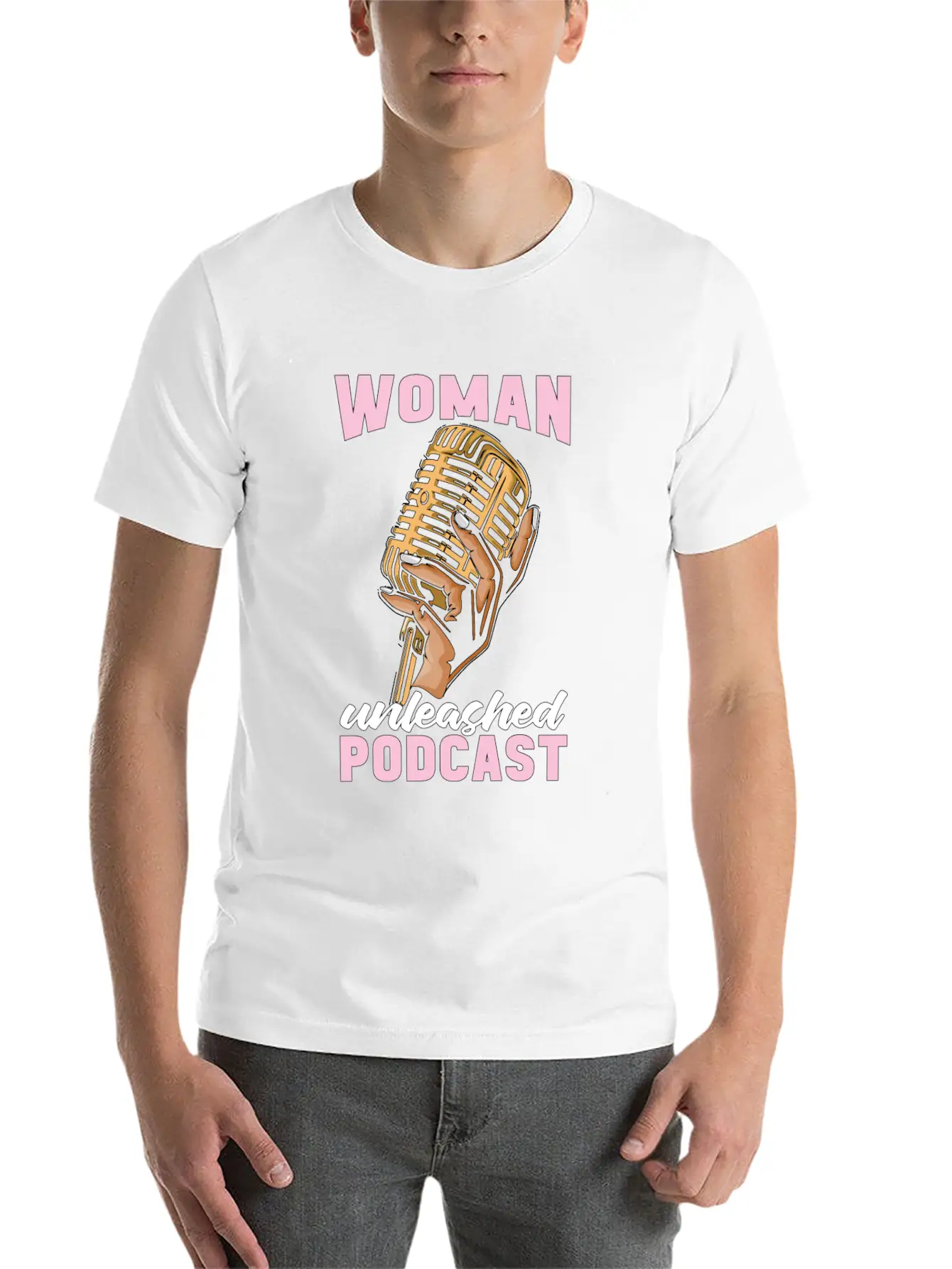Podcasting Woman Unleashed Podcast Microphone Comfortable Minimalist Graphic Tee – Summer Style Essential