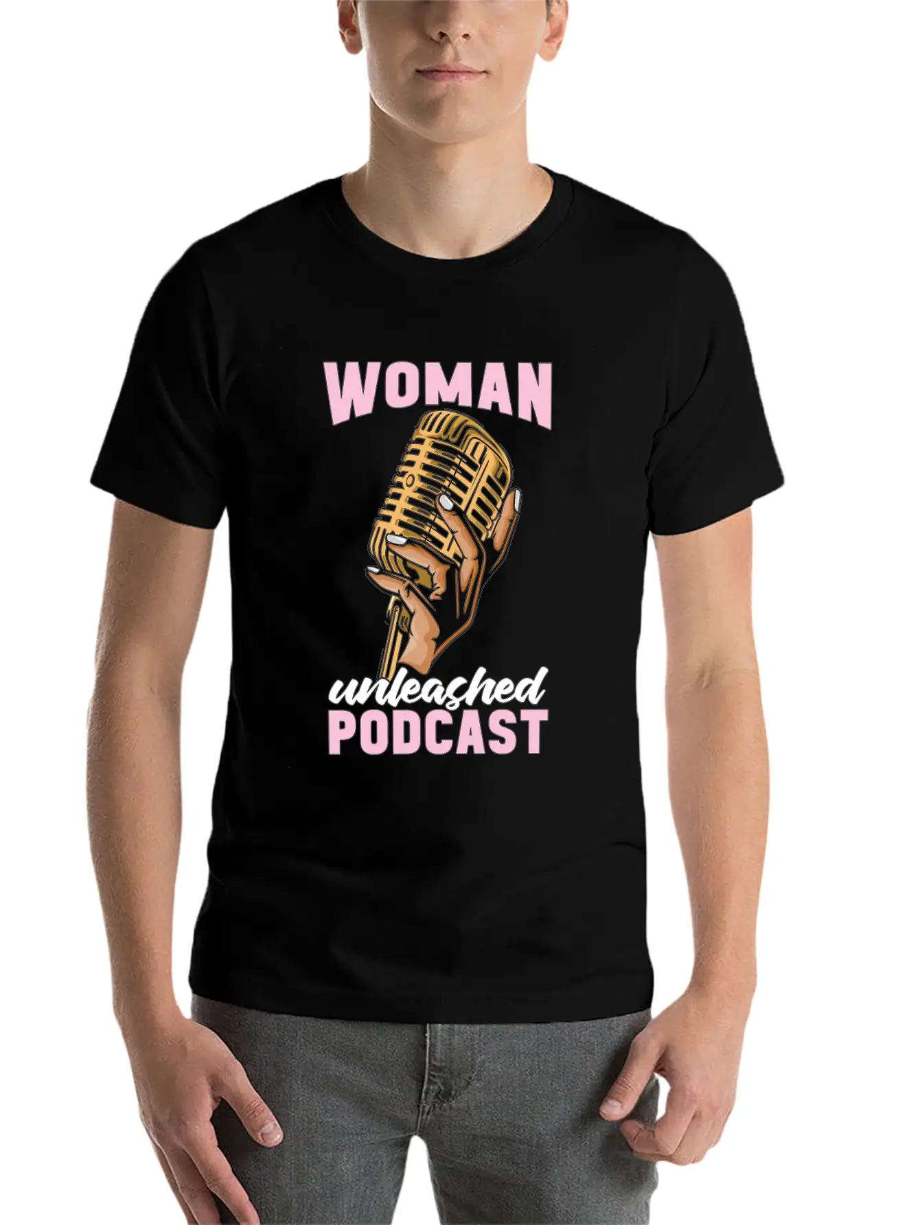 Podcasting Woman Unleashed Podcast Microphone Comfortable Minimalist Graphic Tee – Summer Style Essential