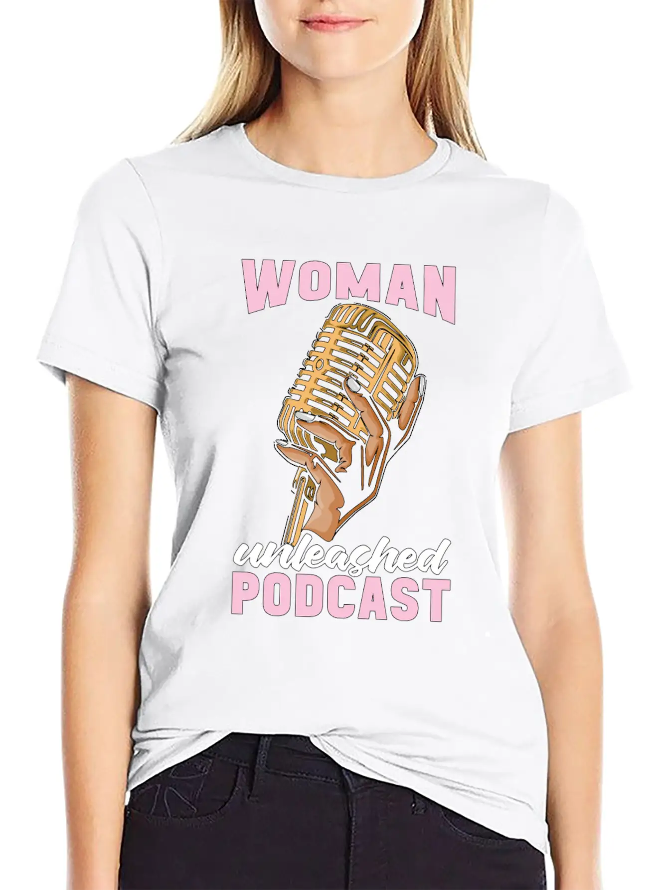 Podcasting Woman Unleashed Podcast Microphone Comfortable Minimalist Graphic Tee – Summer Style Essential