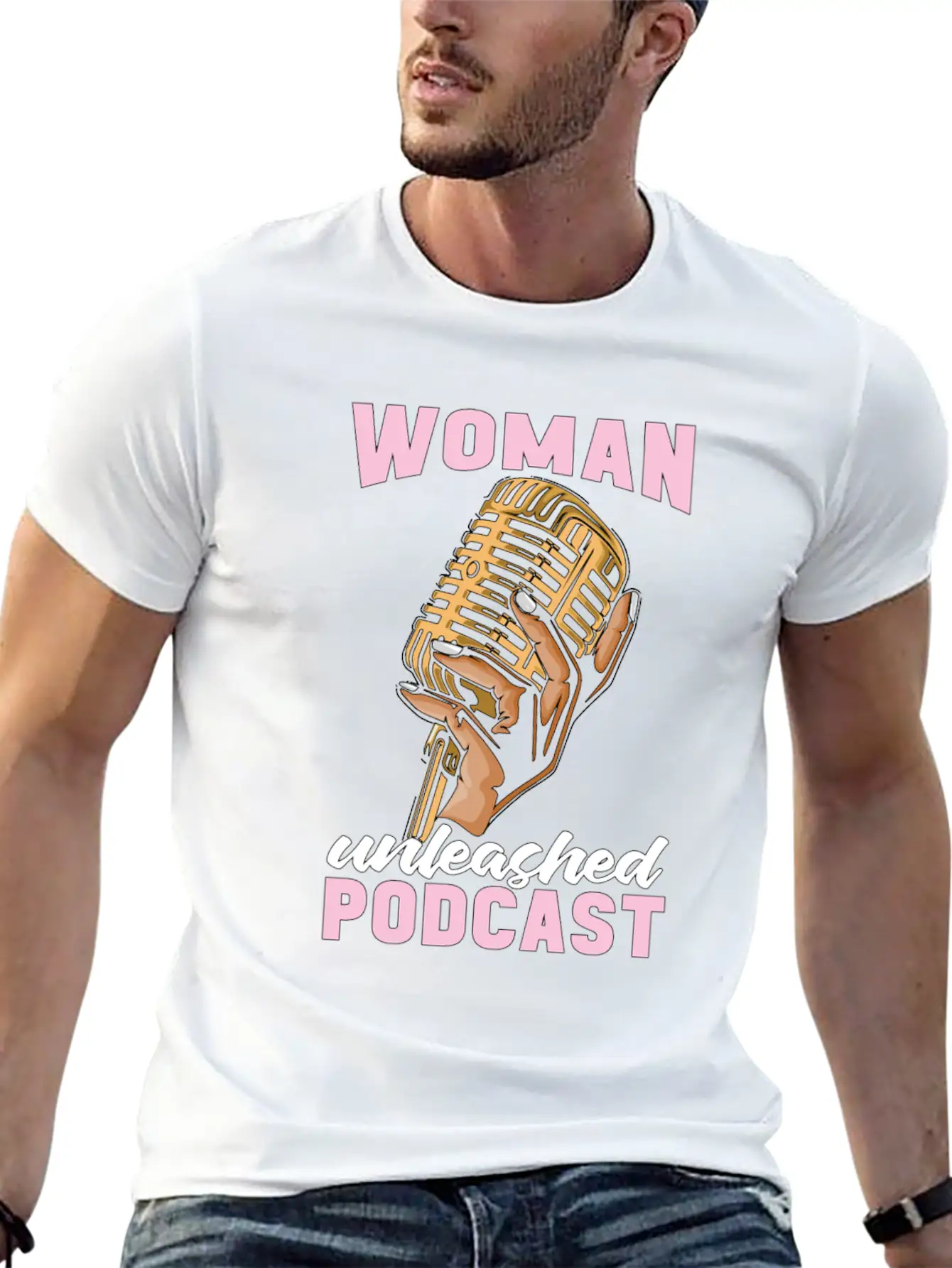 Podcasting Woman Unleashed Podcast Microphone Comfortable Minimalist Graphic Tee – Summer Style Essential