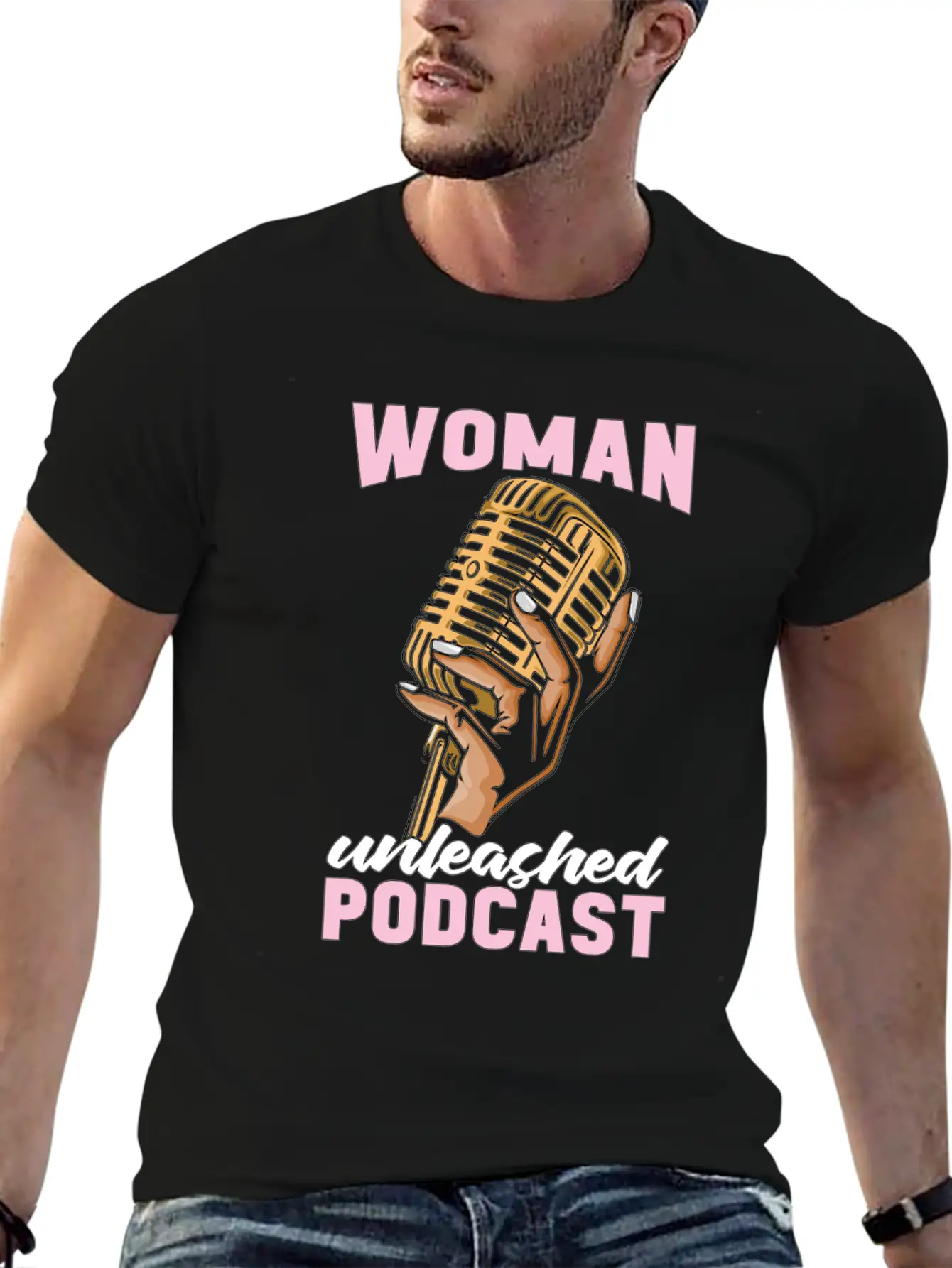 Podcasting Woman Unleashed Podcast Microphone Comfortable Minimalist Graphic Tee – Summer Style Essential