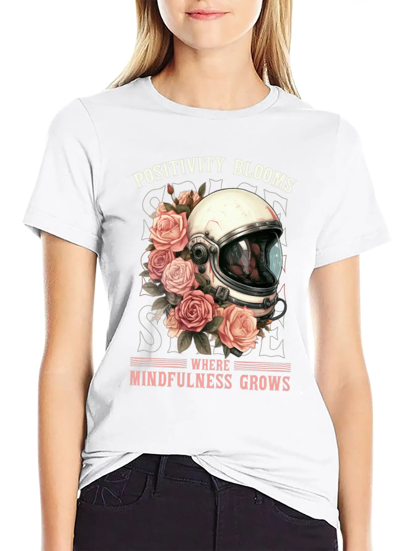 Positive Mindfulness Quote Floral Space Helmet Ast Modern Fit Casual T-Shirt – Clean And Versatile Design