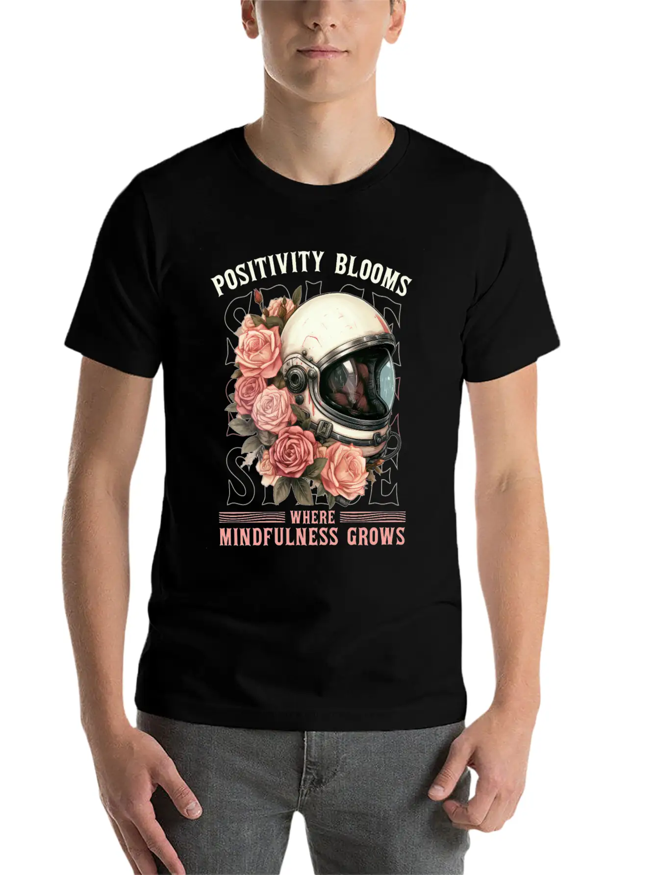 Positive Mindfulness Quote Floral Space Helmet Ast Modern Fit Casual T-Shirt – Clean And Versatile Design