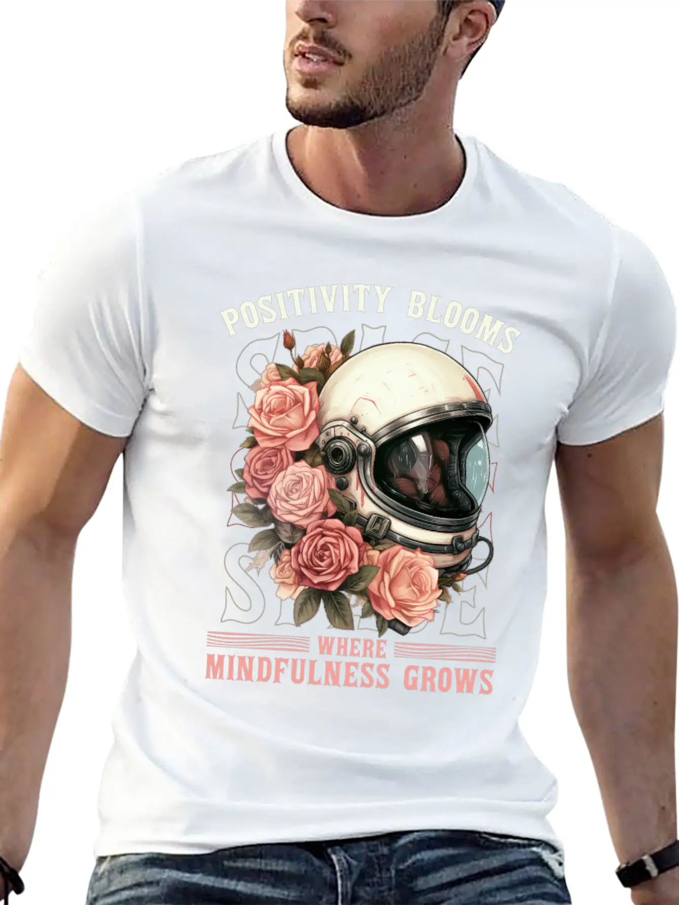 Positive Mindfulness Quote Floral Space Helmet Ast Modern Fit Casual T-Shirt – Clean And Versatile Design