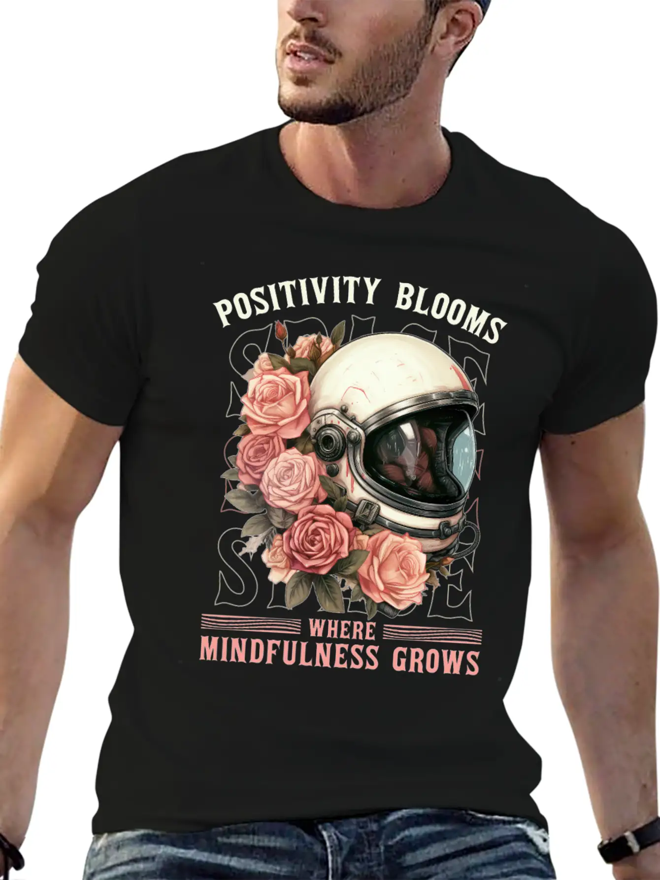 Positive Mindfulness Quote Floral Space Helmet Ast Modern Fit Casual T-Shirt – Clean And Versatile Design