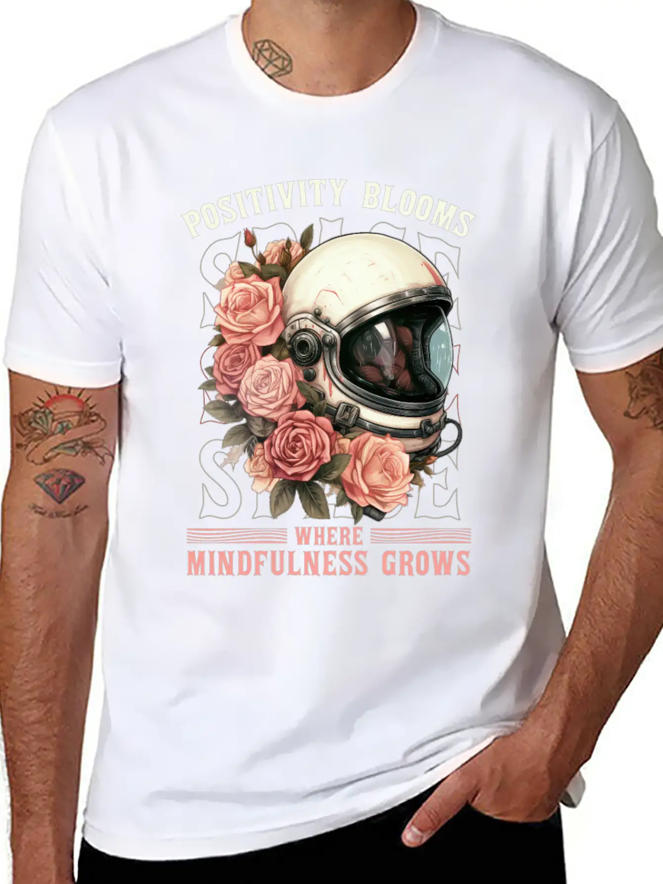 Positive Mindfulness Quote Floral Space Helmet Ast Modern Fit Casual T-Shirt – Clean And Versatile Design