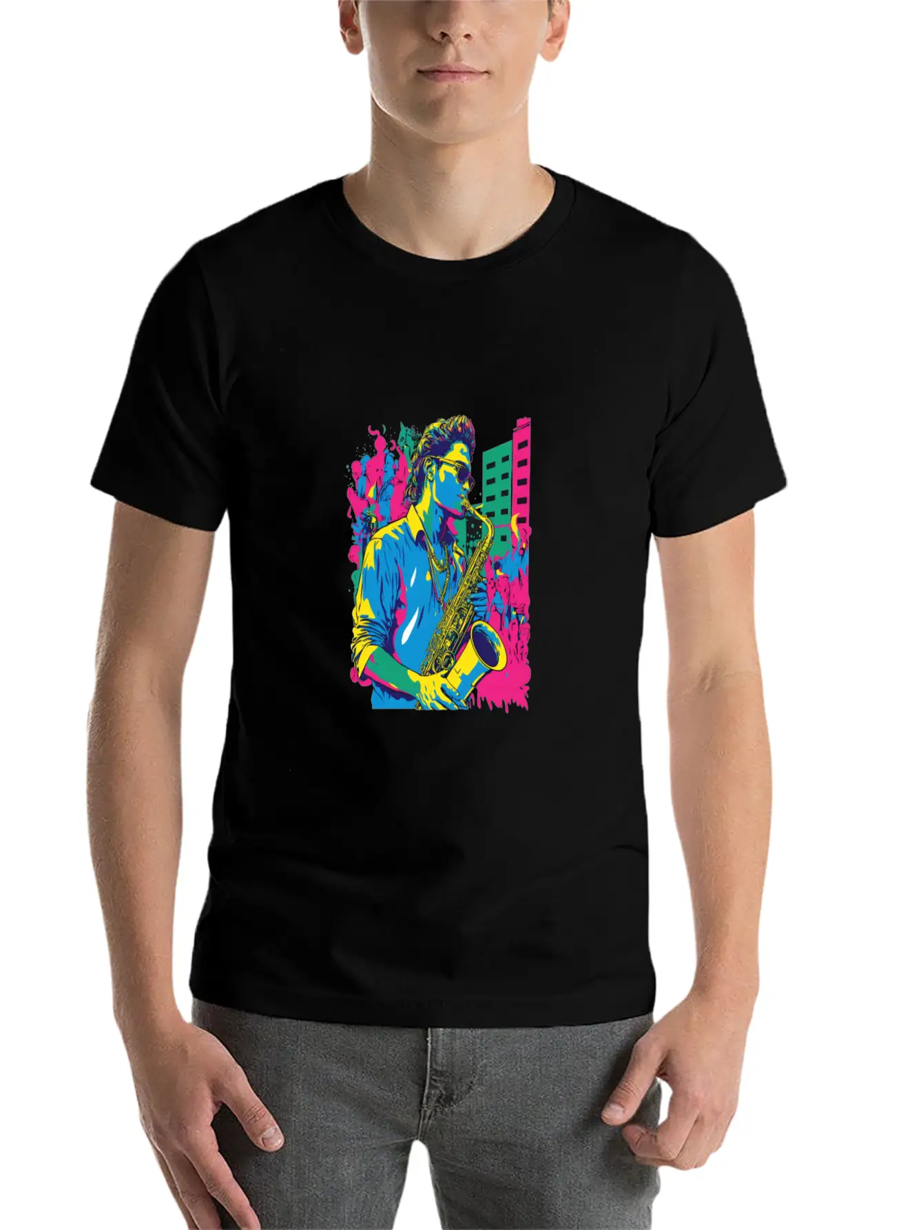Professional Saxophone Musician Retro Pop Art Basic Graphic T-Shirt – Daily Comfort In Soft Cotton