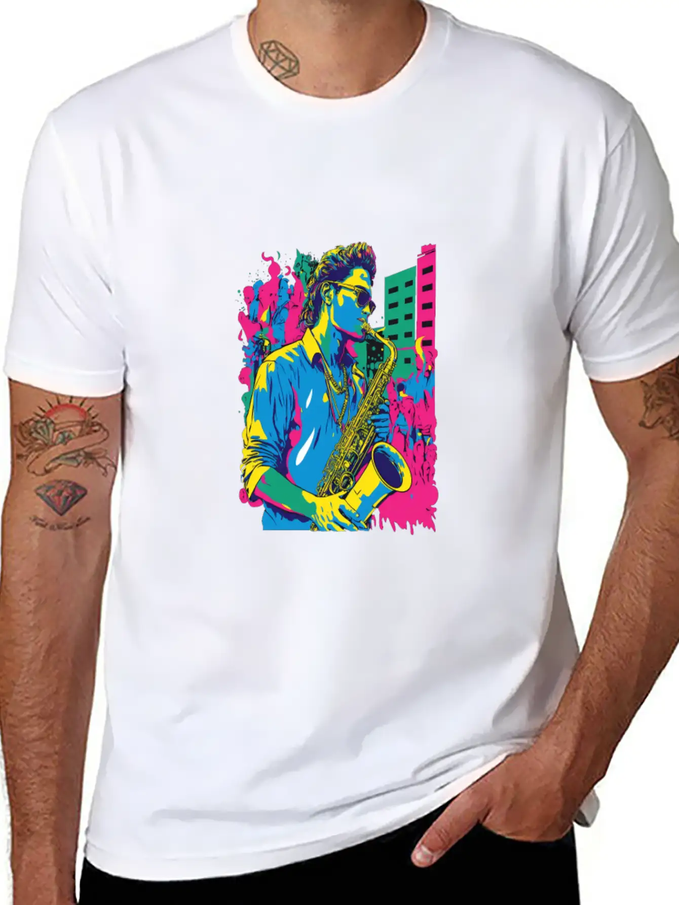 Professional Saxophone Musician Retro Pop Art Basic Graphic T-Shirt – Daily Comfort In Soft Cotton