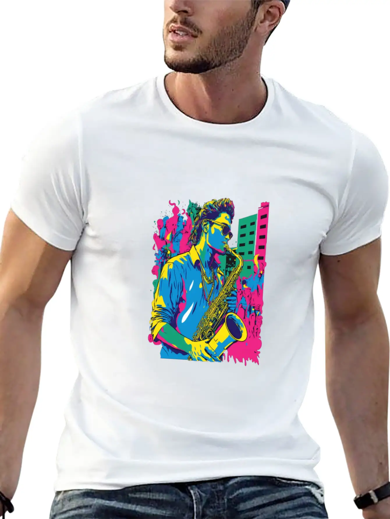 Professional Saxophone Musician Retro Pop Art Basic Graphic T-Shirt – Daily Comfort In Soft Cotton