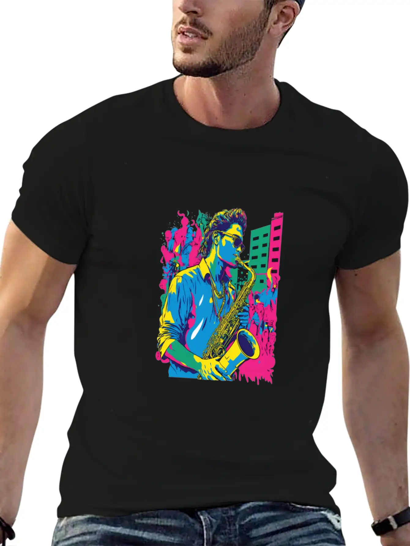 Professional Saxophone Musician Retro Pop Art Basic Graphic T-Shirt – Daily Comfort In Soft Cotton