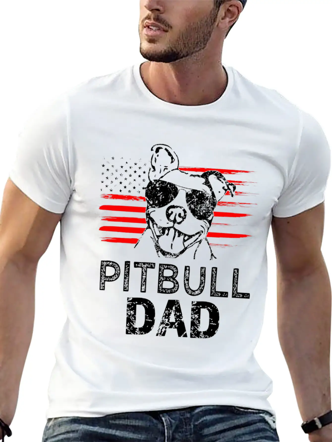 Proud Pitbull Dad Mens T-shirt American Flag Basic Graphic T-Shirt – Daily Comfort In Soft Cotton
