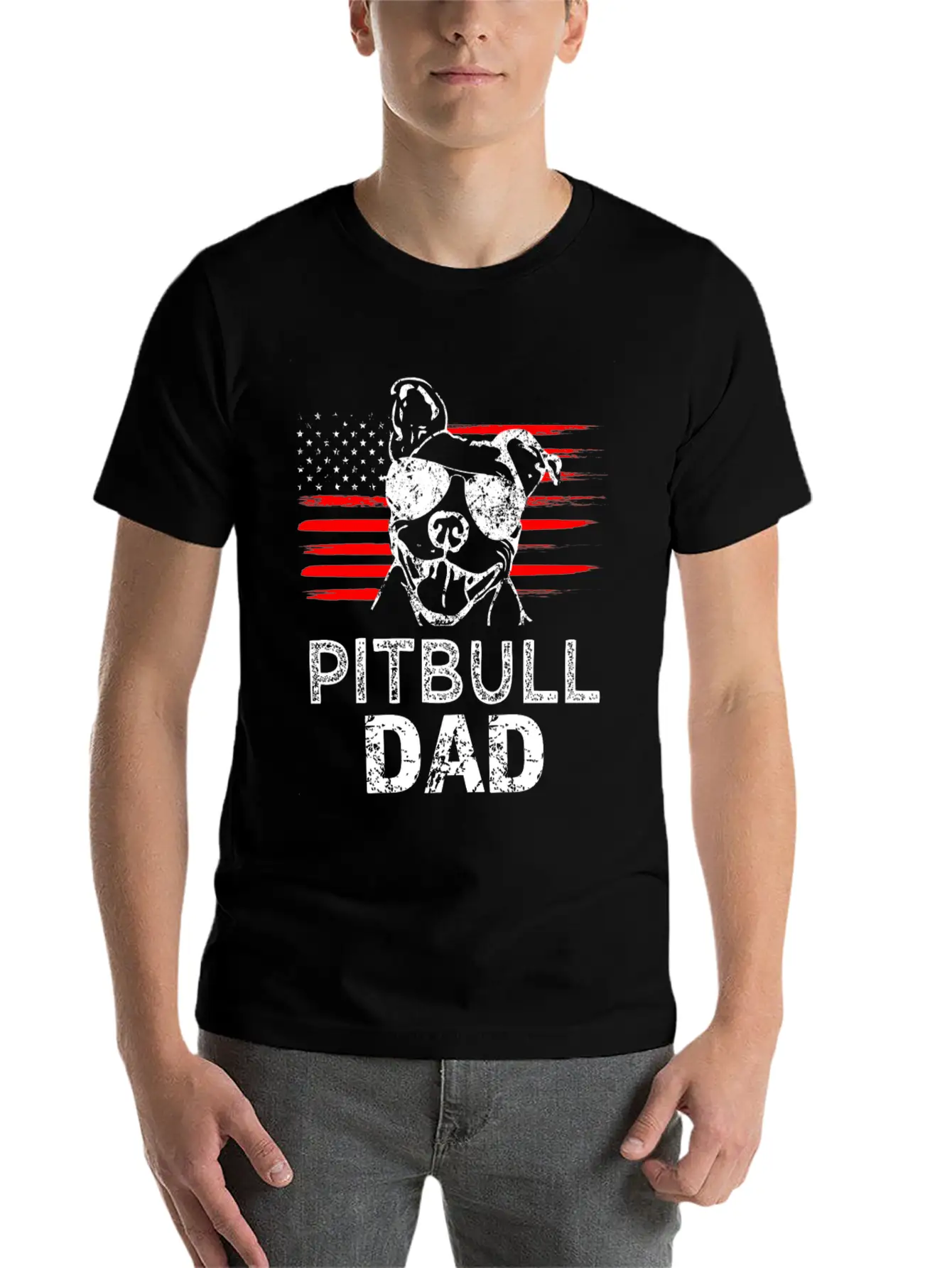 Proud Pitbull Dad Mens T-shirt American Flag Basic Graphic T-Shirt – Daily Comfort In Soft Cotton