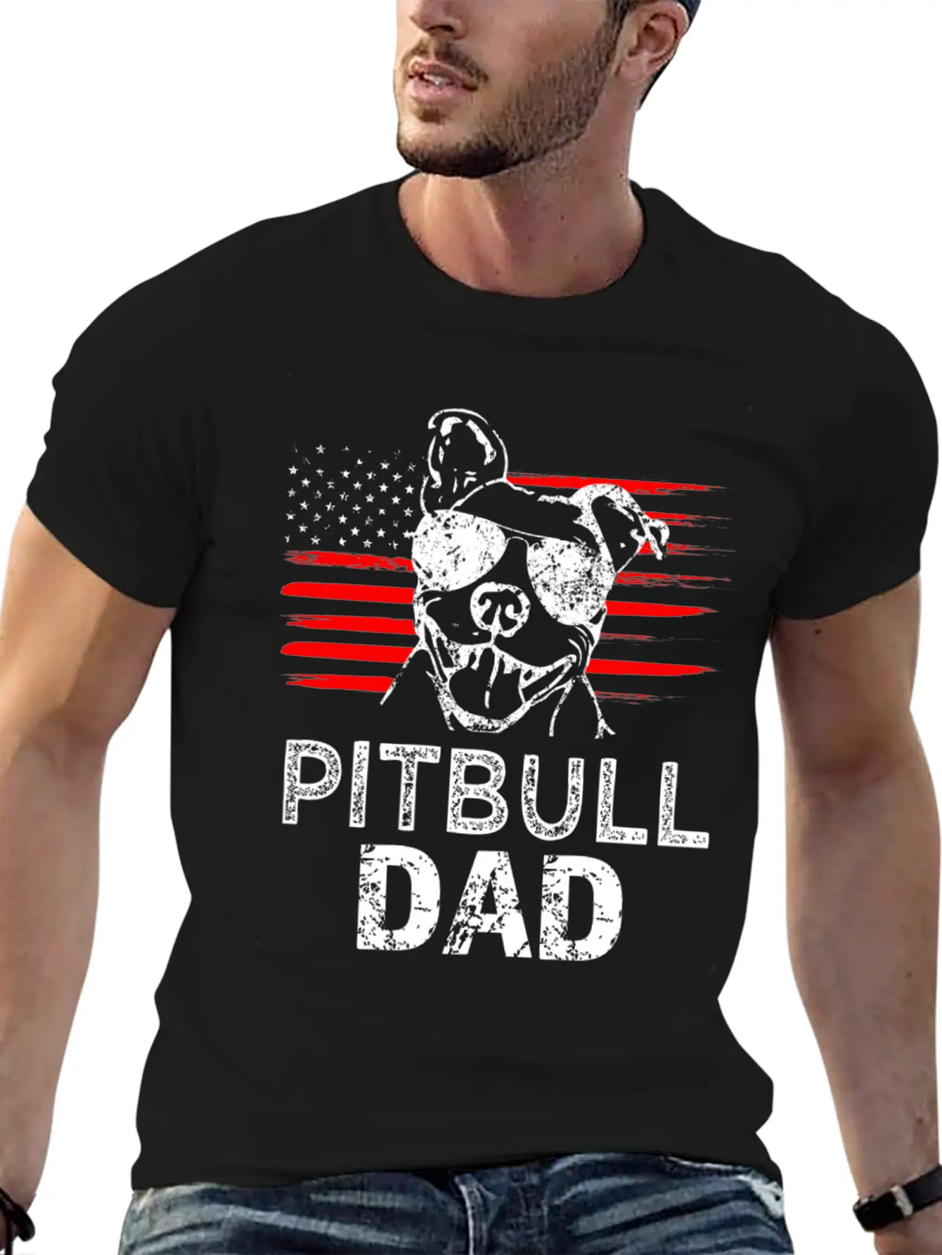 Proud Pitbull Dad Mens T-shirt American Flag Basic Graphic T-Shirt – Daily Comfort In Soft Cotton