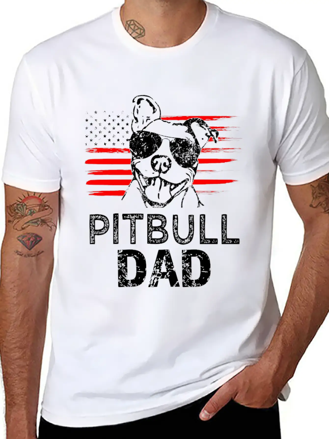 Proud Pitbull Dad Mens T-shirt American Flag Basic Graphic T-Shirt – Daily Comfort In Soft Cotton