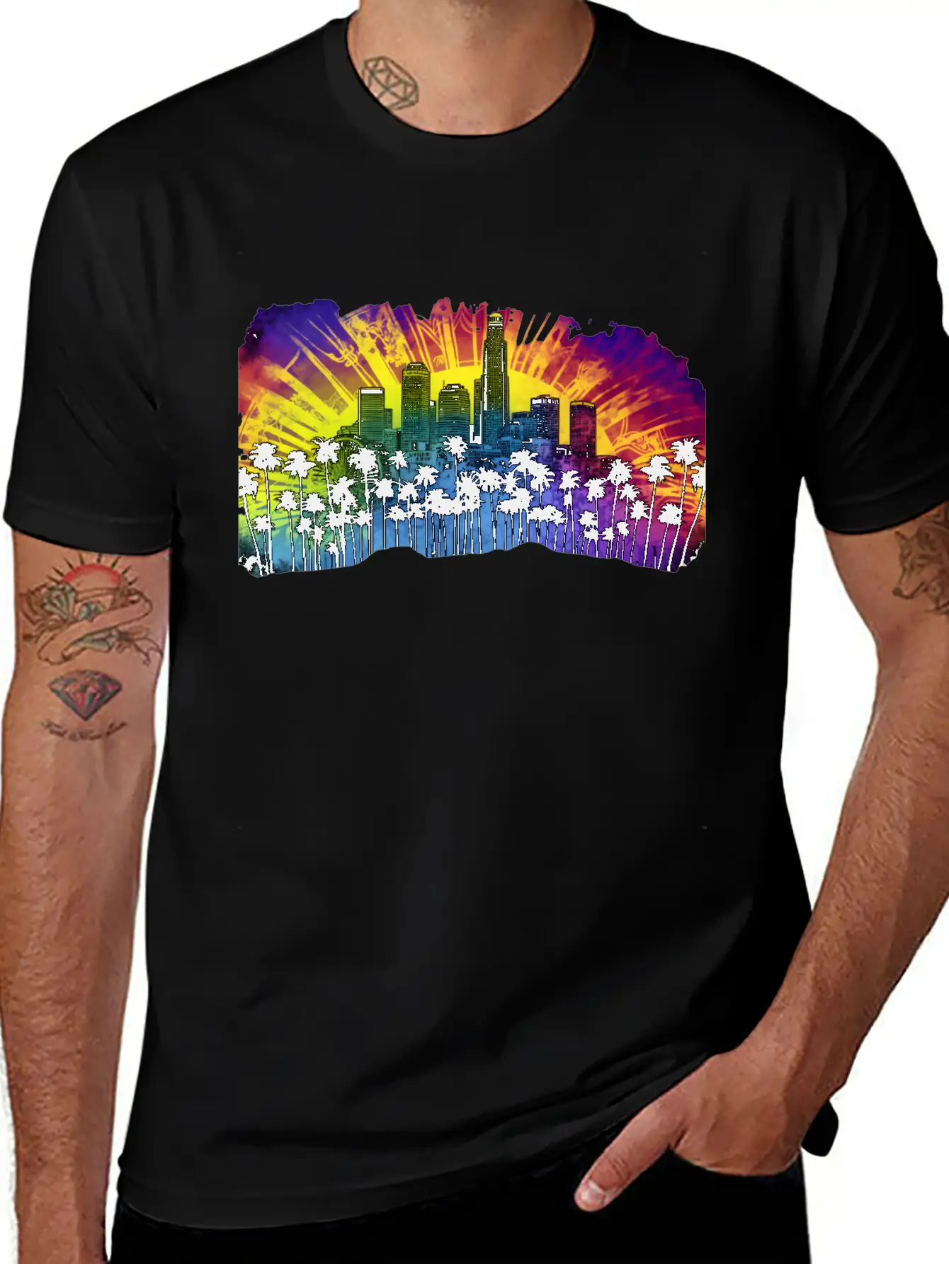 Psychedelic Los Angele A Tie Dye Surreal Cityscape Lightweight Cotton T-Shirt – Daily Comfort Graphic Shirt