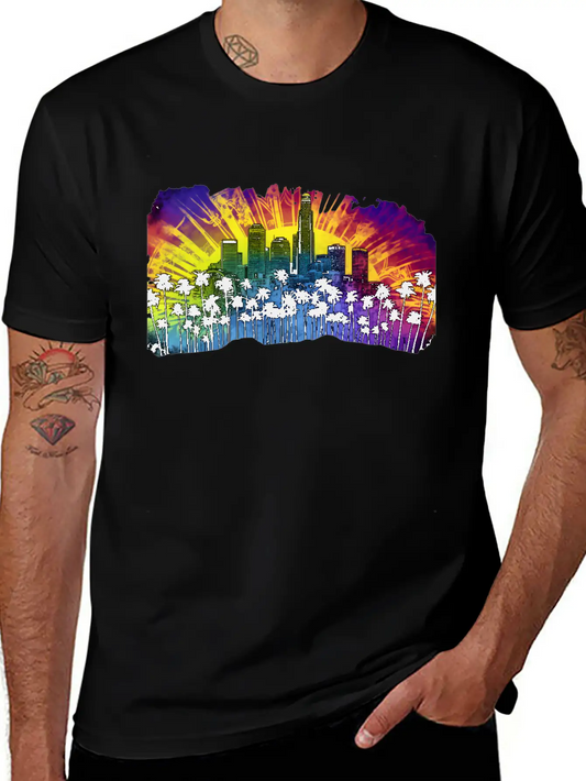 Psychedelic Los Angele A Tie Dye Surreal Cityscape Lightweight Cotton T-Shirt – Daily Comfort Graphic Shirt